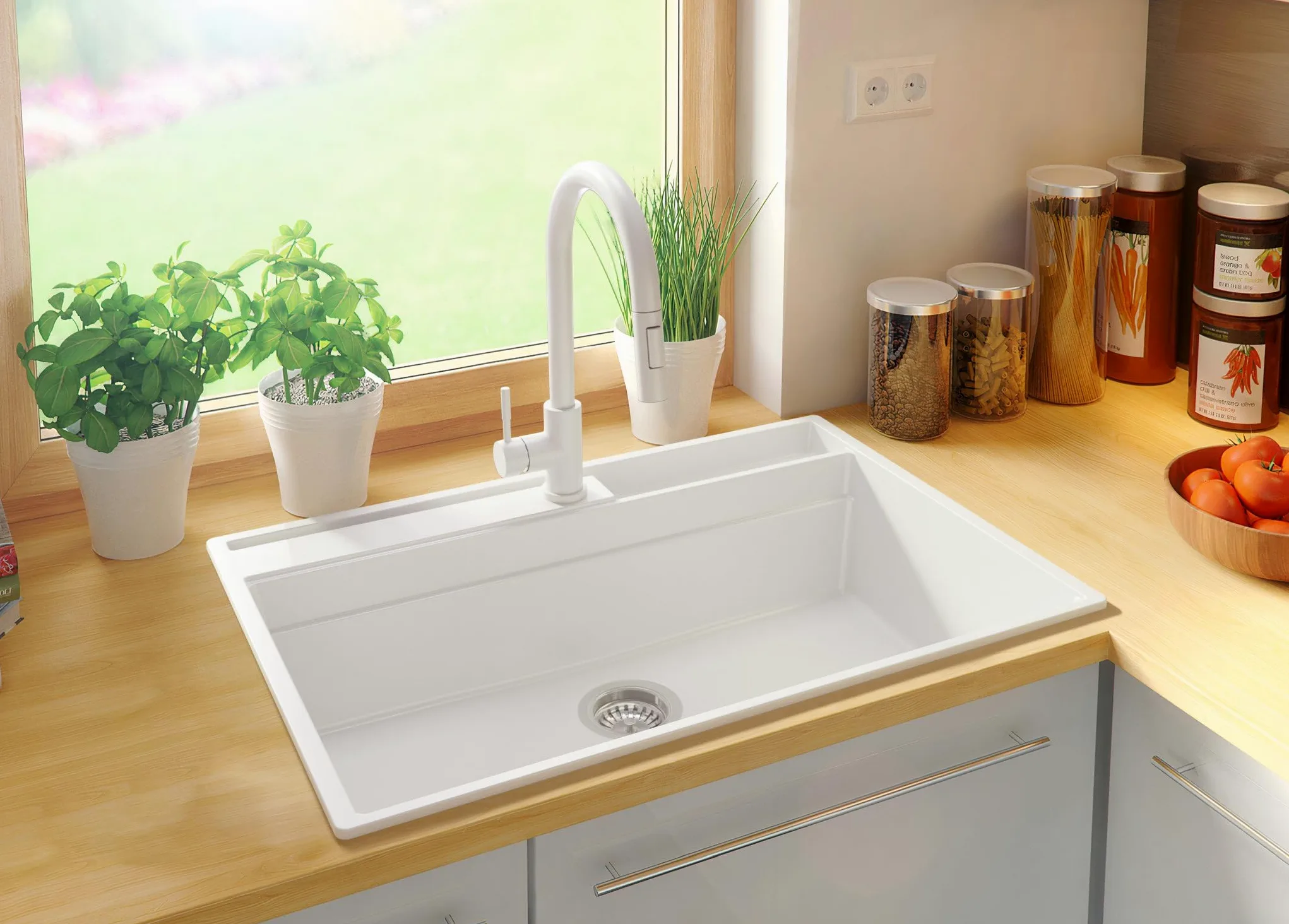 PRIMAGRAN Lavello da Cucina Bianco 78x53cm, Lavandino in Granito a 1 vasca + Sifone Classico, Lavabo da Cucina Incasso al Mobile 80cm - Oslo Pocket S336