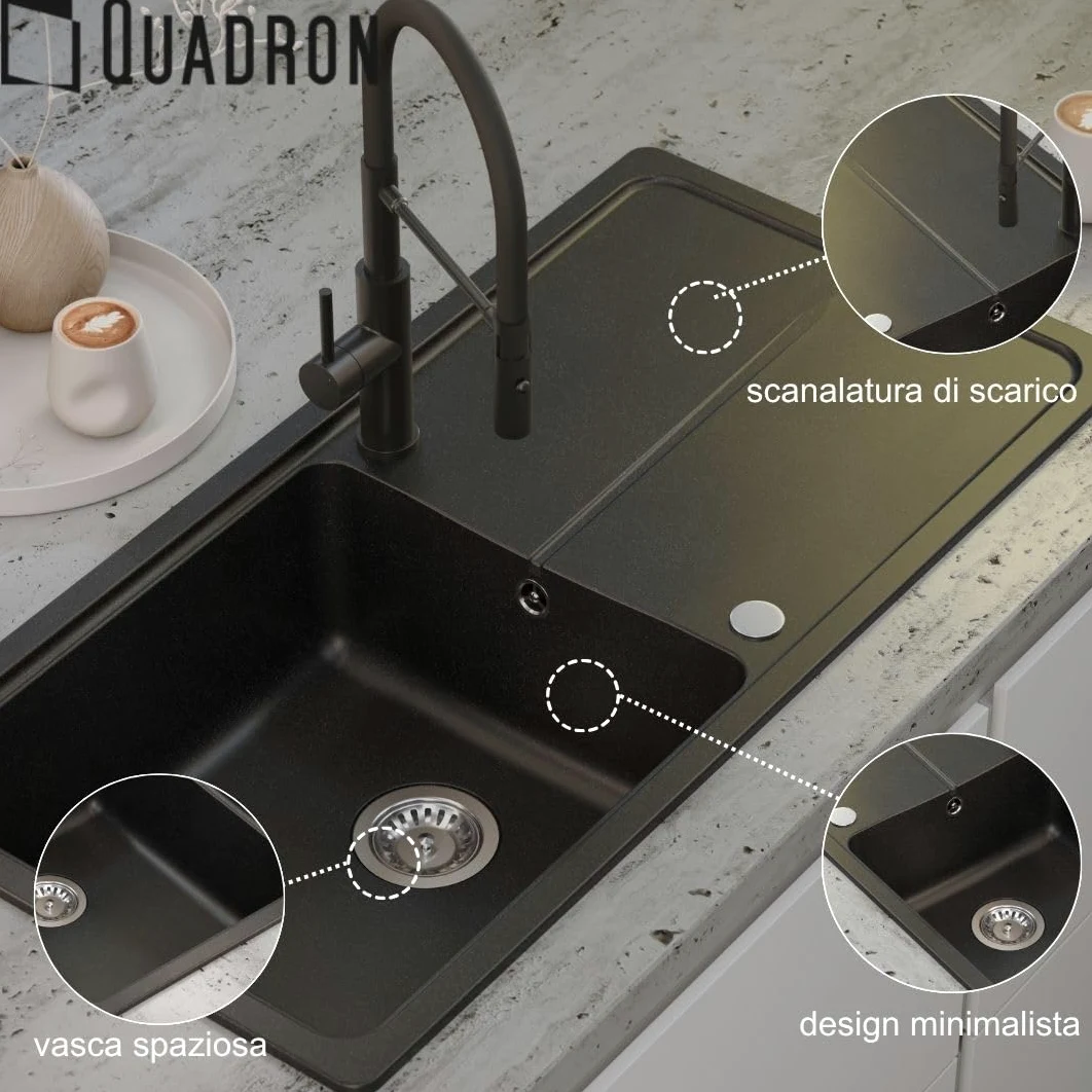 QUADRON NEAL 146 Lavello in granito per cucina, dimensioni: 100 x 50 x 21,5 cm, nero, lavello da cucina a vasca singola Set: lavello in granito + sifone manuale + tappo di copertura