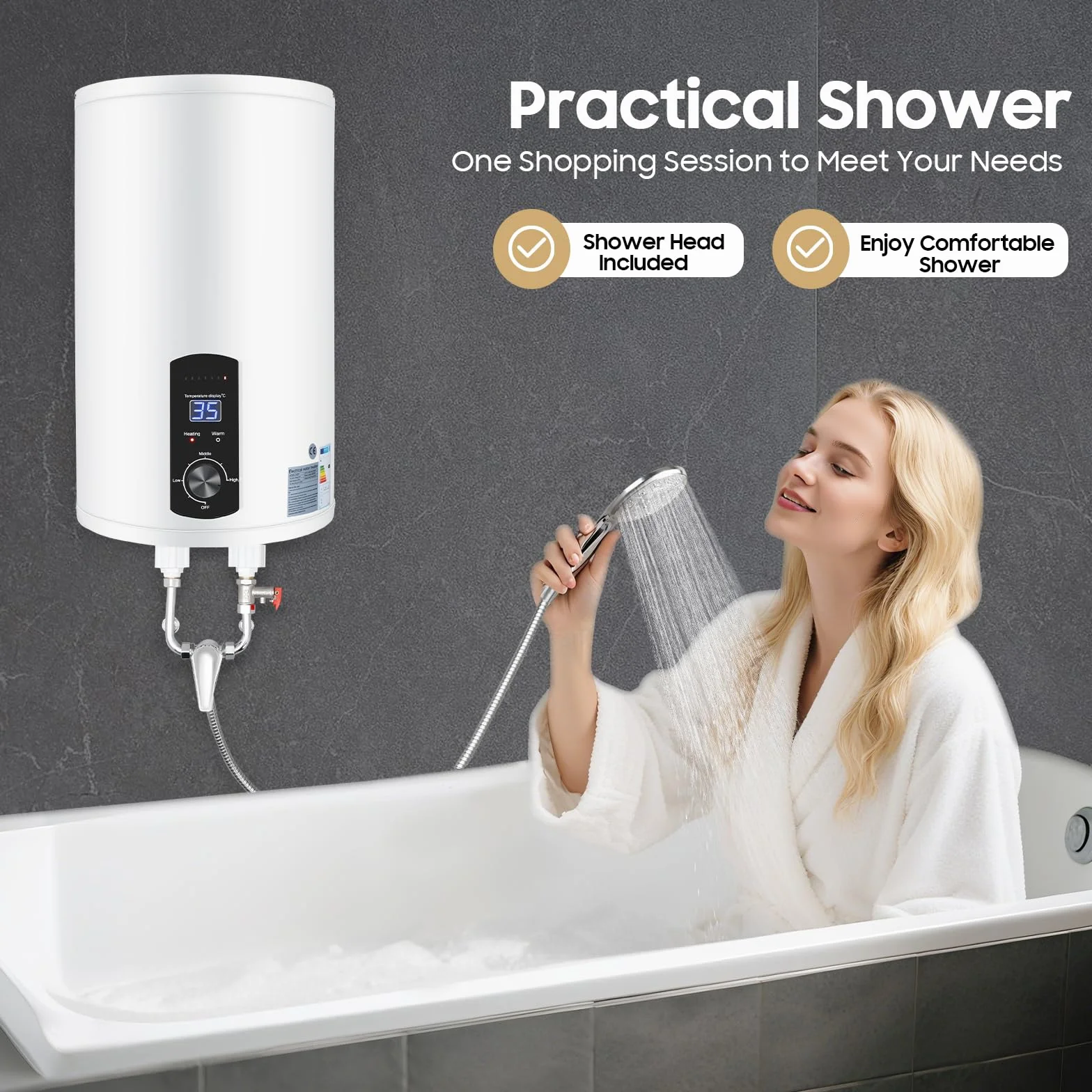 Scaldabagno elettrico ad accumulo | 2000 W elettrico istantaneo | Boiler ad acqua da parete con doccetta e tubi | Intervallo di controllo della temperatura: 25 – 75 °C | Capacità contenitore 30 – 70 L
