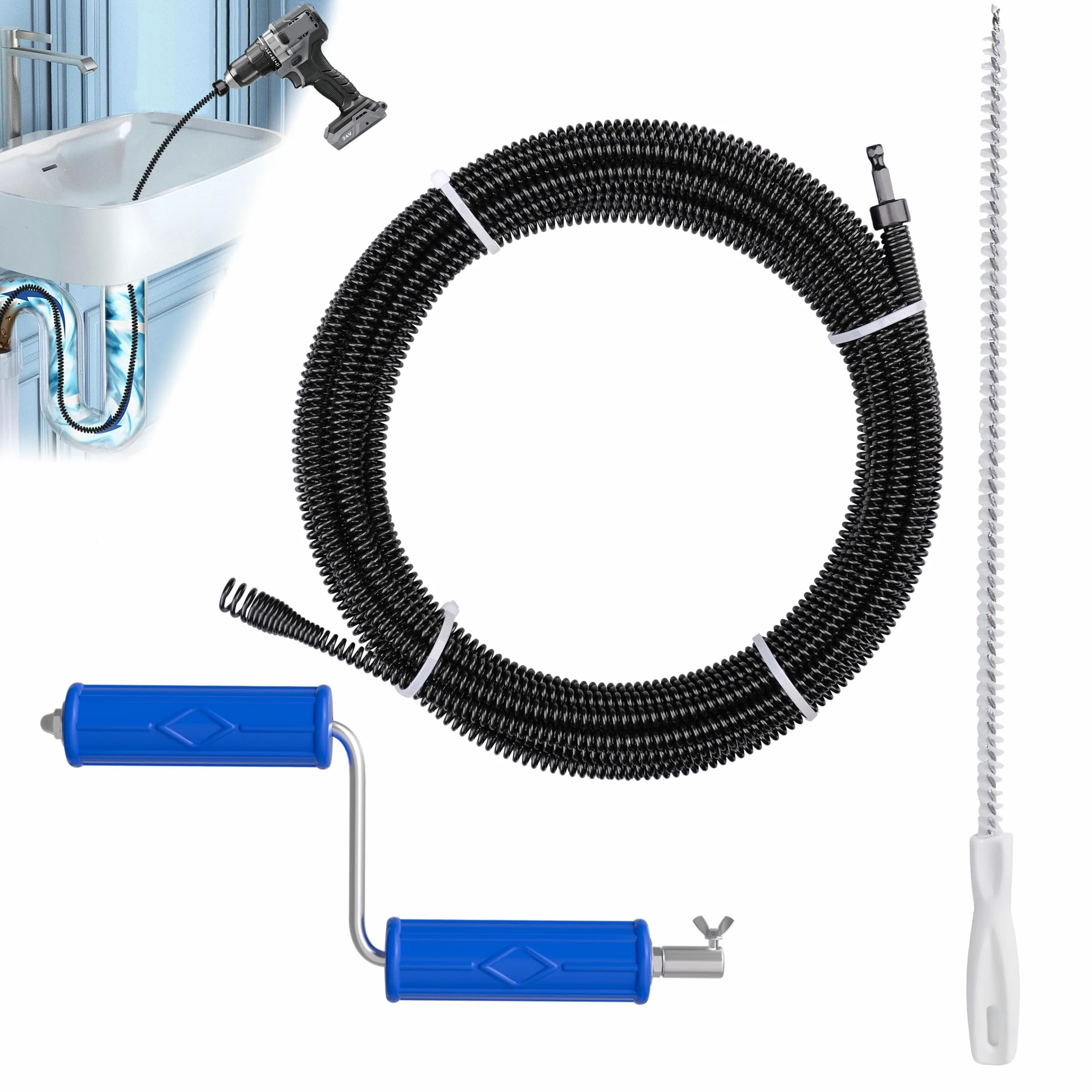 Spirale per la pulizia dei tubi Ø 8 mm x 10 m, con manovella, in acciaio a molla, spirale di scarico per la pulizia dei tubi, spazzola di scarico per ostruzioni difficili da rimuovere - Procedura di