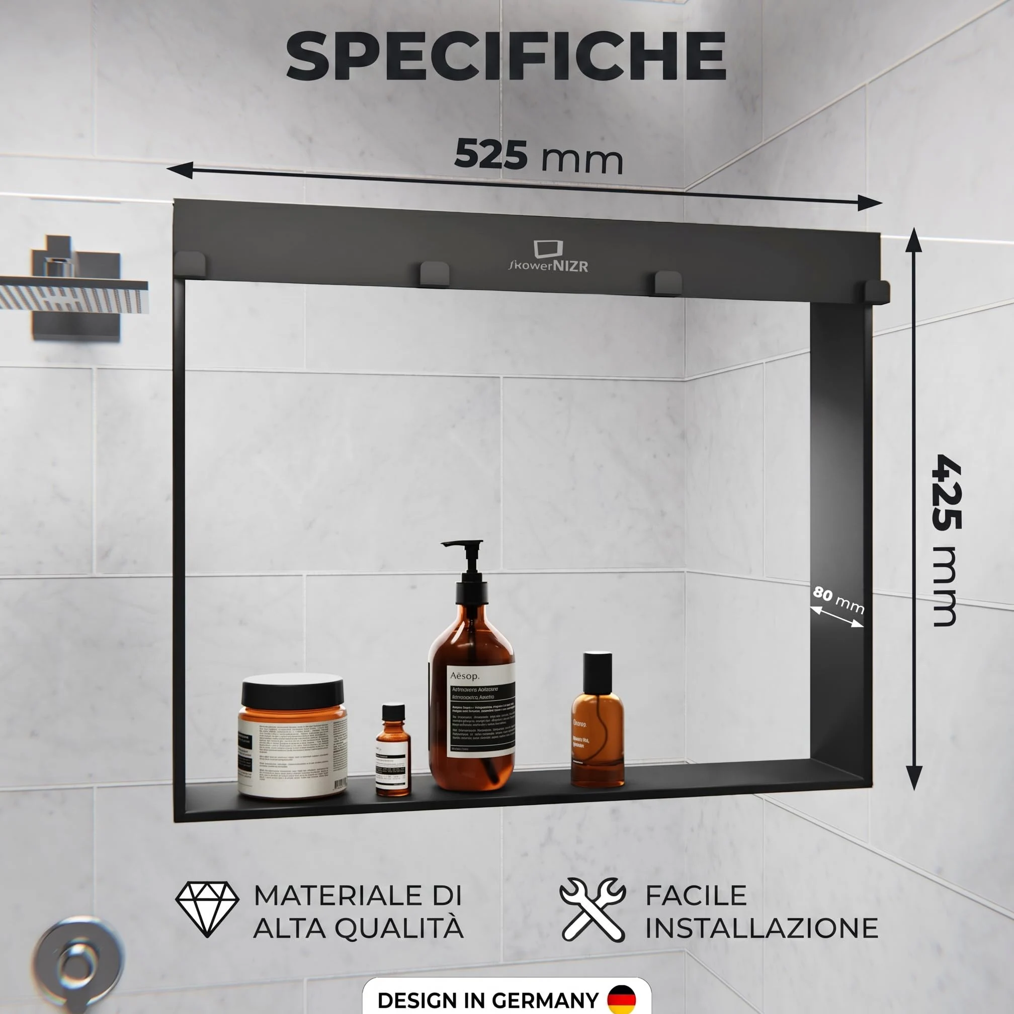 ShowerNIZR Mensola doccia Grey - Mensola doccia senza foratura da appendere alla parete in vetro in acciaio inox con 4 ganci porta shampoo per organizer doccia moderno e ordine nel box doccia