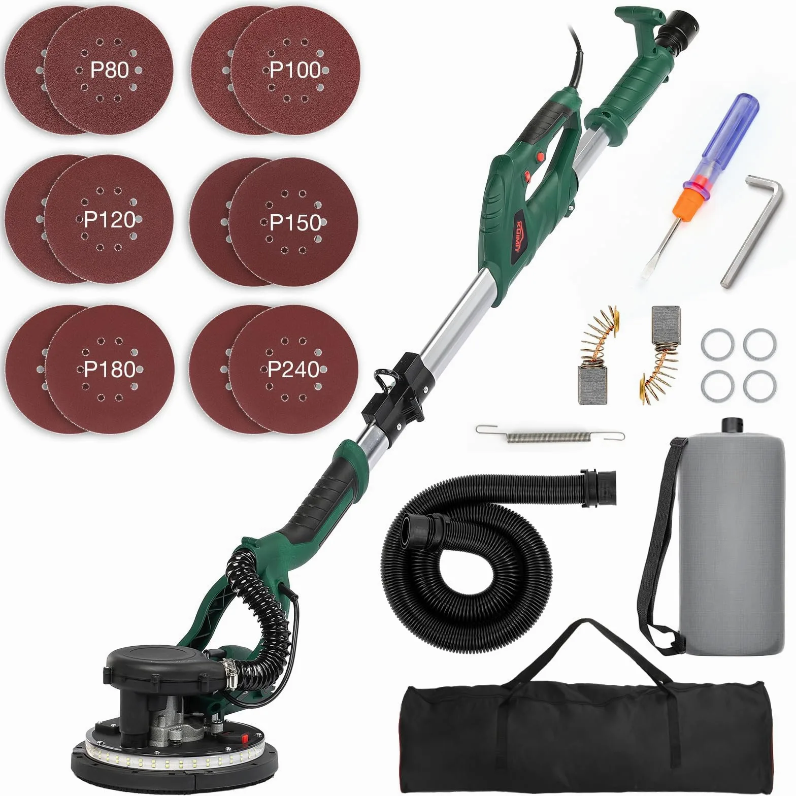 Levigatrice per Cartongesso, 850W Levigatrice per Muro Elettrica con 12 Dischi Abrasivi, 6 Velocità Variabile 800-1750 RPM, con Impugnatura Estensibile, luce LED, Tubo per la Polvere Lungo
