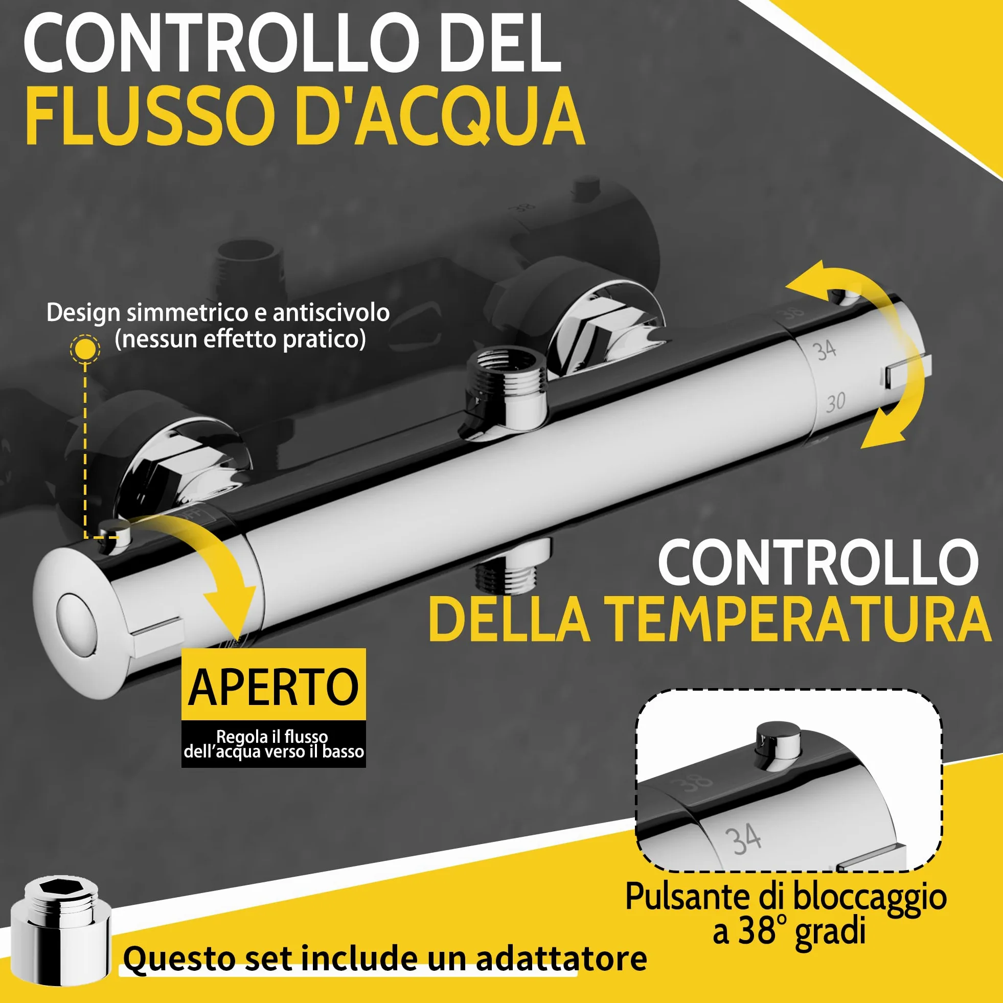 MORADO Miscelatore Doccia, Miscelatore Termostatico Doccia Con 2 Uscite, Uscita Superiore 3/4" BSP (26.4mm) e Uscita Inferiore 1/2" BSP (21mm), Forma Rotonda, Ottone, Finitura Cromata