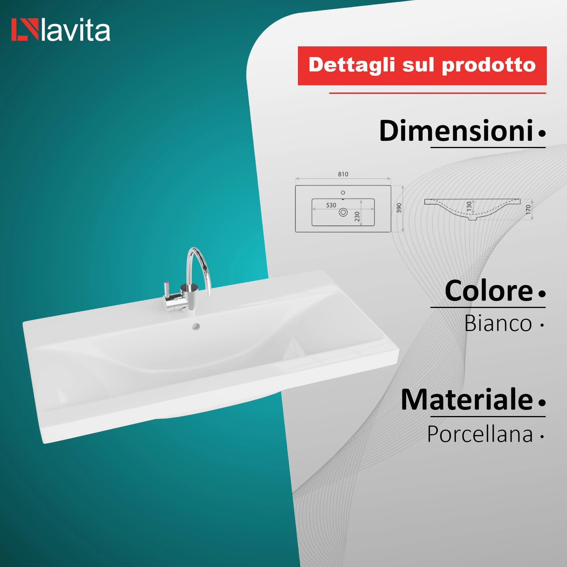LAVITA Lavabo per mobili California 800 con troppopieno e foro per rubinetto, in porcellana di alta qualità, 81 x 39 x 17 cm, bianco lucido