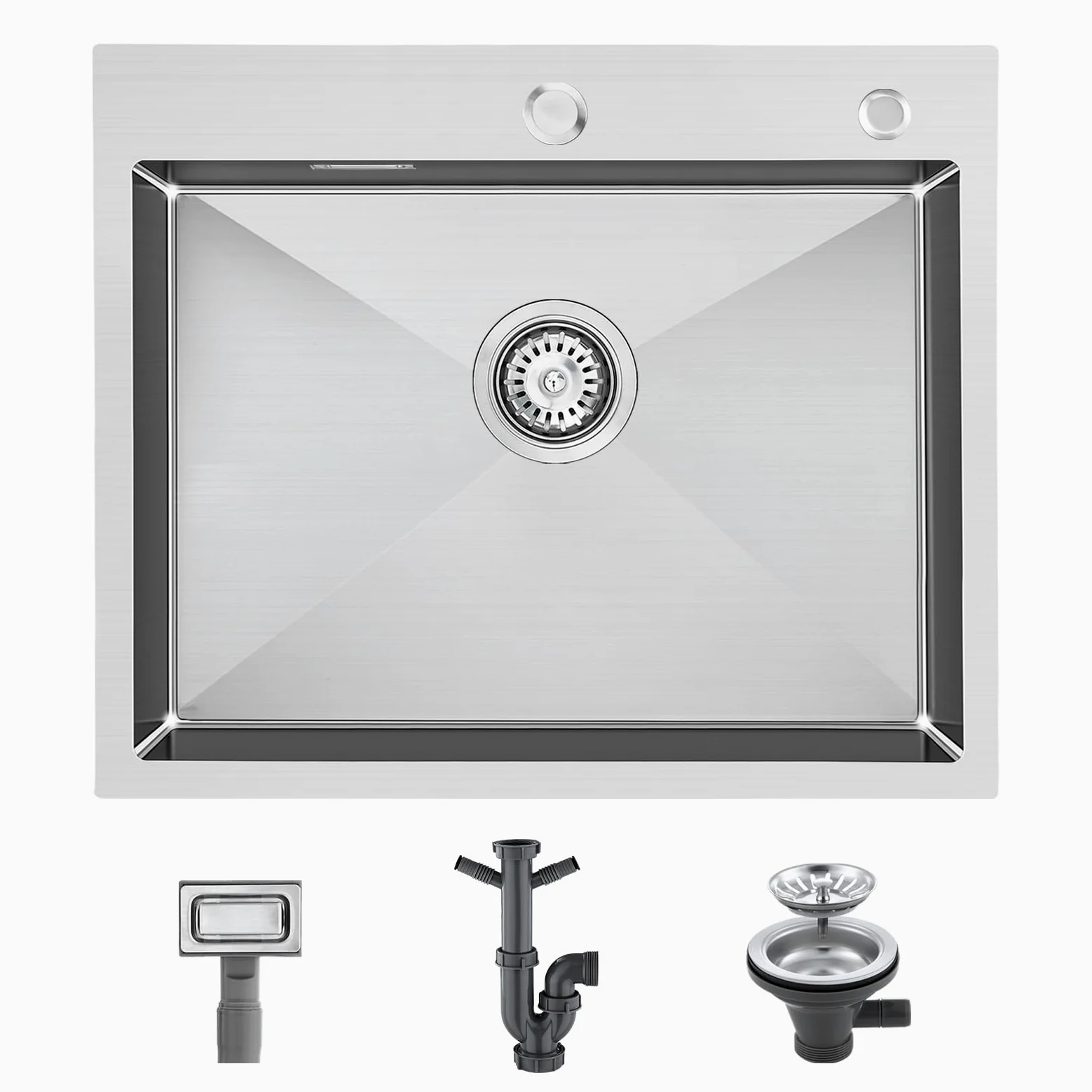 Lavello da cucina in acciaio inox 304 fatto a mano - 60 x 50 x 19 cm - con scolapiatti - 1 vasca - argento spazzolato satinato