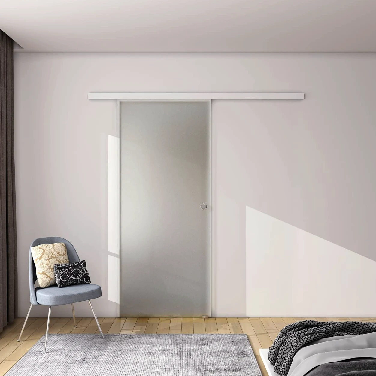 100x225 cm Porta Scorrevole in Vetro da 8 mm Temperato Opaco con Pellicola Anti-frantumi con Binario in Alluminio Bianco Verniciato