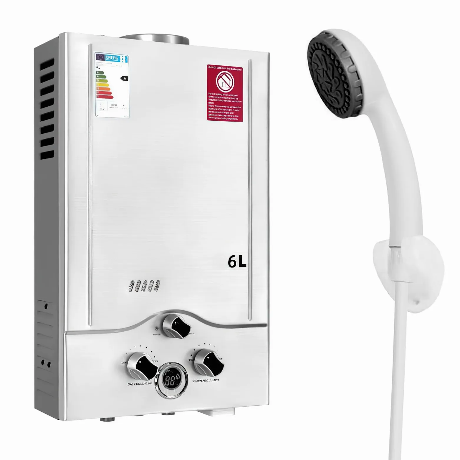 Scaldacqua a Gas, scaldabagno a gas propano GPL 6L con kit doccia, con modalità inverno ed estate, scaldabagno istantaneo senza serbatoio 16kw, per casa ed esterno (B)
