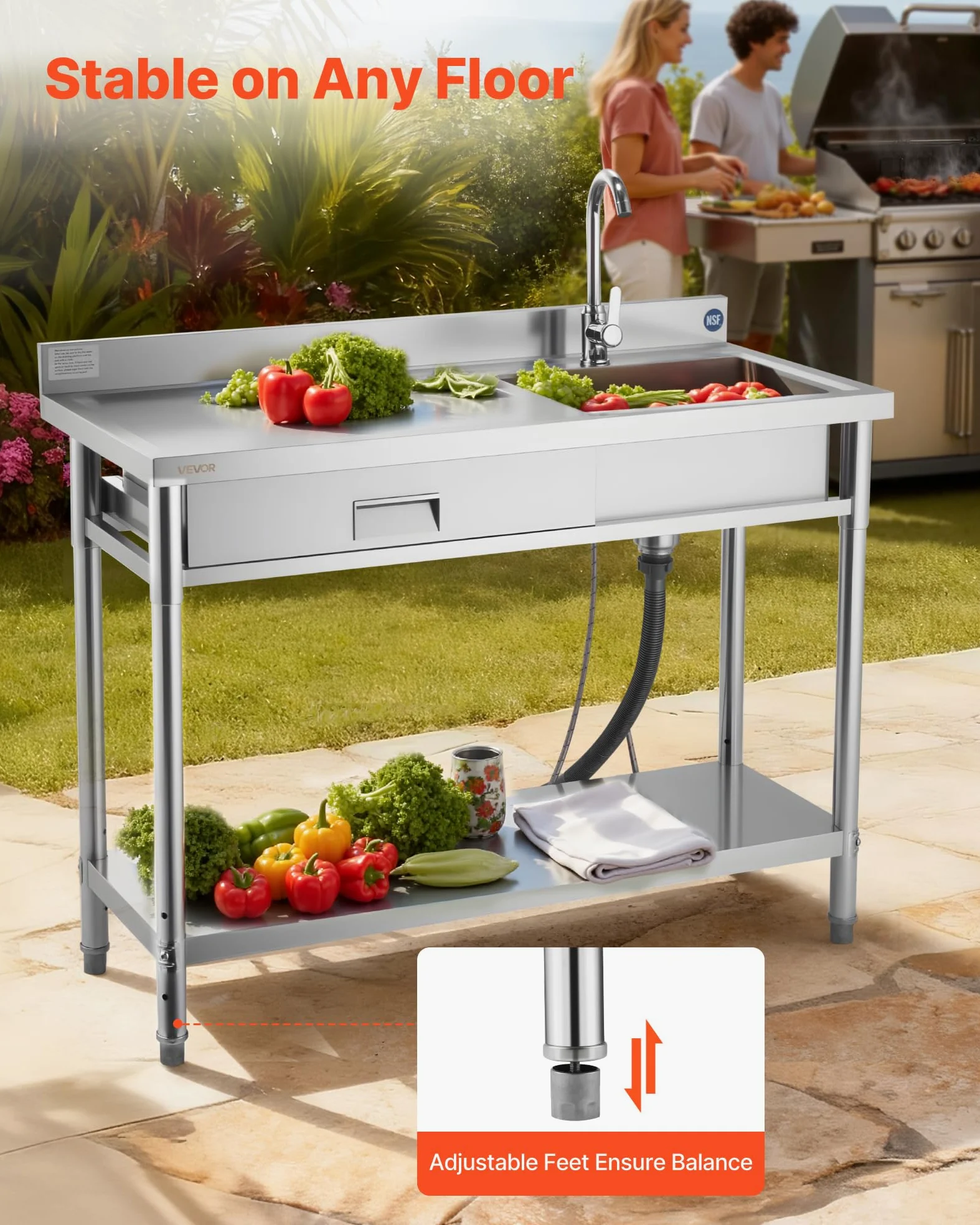 VEVOR Lavandino Mobile da Cucina 1200 x 500 x 940 mm, Vasca Singola con Rubinetto e Cassetto, Lavello da Cucina per Garage, Ristorante, Lavanderia, Lavabo da Esterno con Piano di Lavoro Sinistra