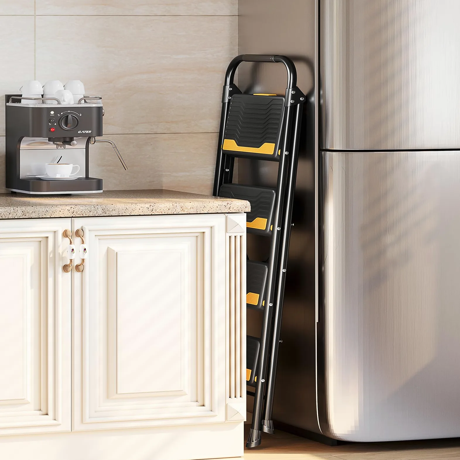 Urackify Scala a 4 gradini, resistente capacità di 150 kg, ampi gradini antiscivolo e corrimano sicuro, compatto, pieghevole, design portatile per casa, cucina, ufficio, dispensa, armadio, nero