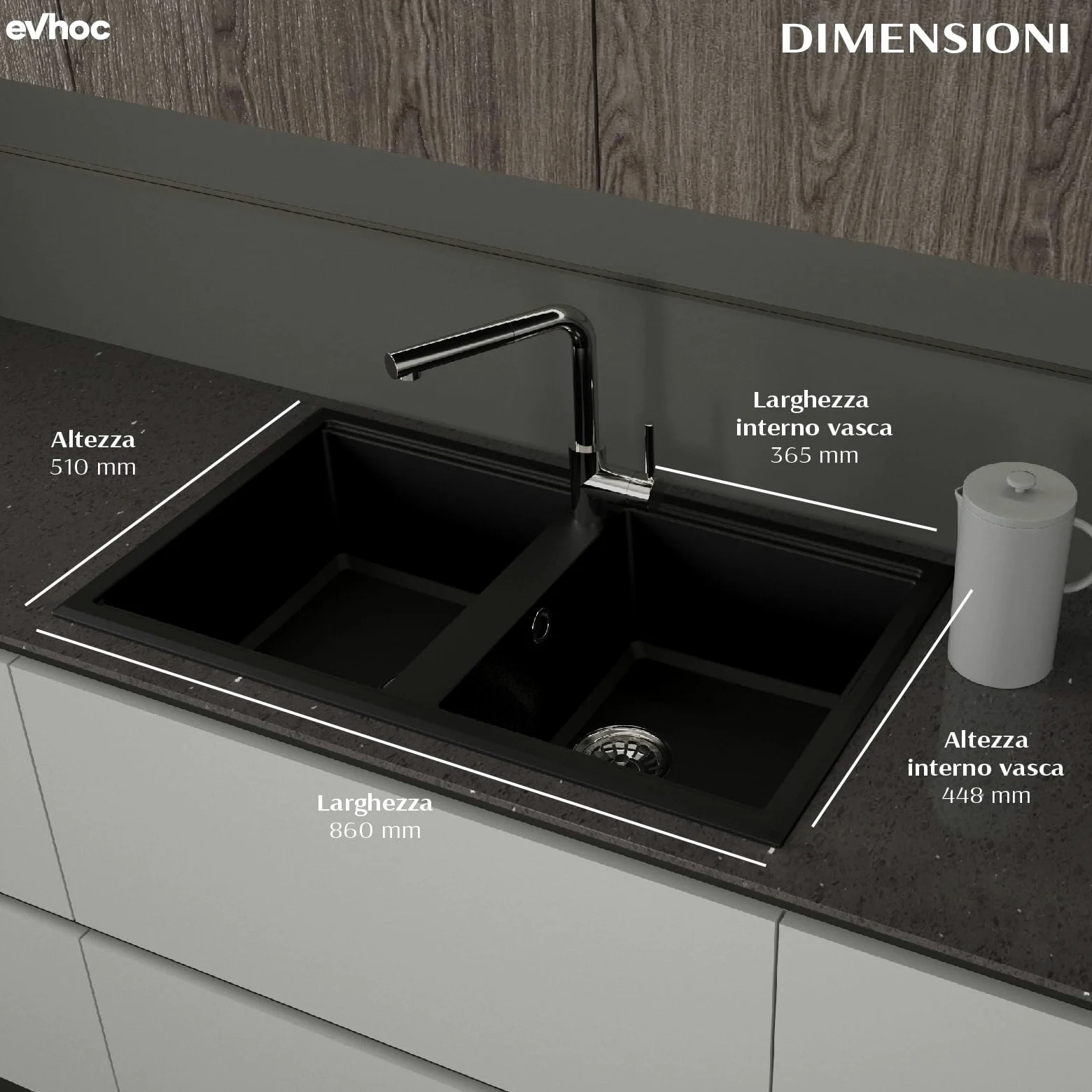 Evhoc Lavello Cucina Sopratop 86x51 cm, 2 Vasche, Lavandino Doppia Vasca in Kuarzite, Piletta Inclusa, Made in Italy, Nero, ADHOC M