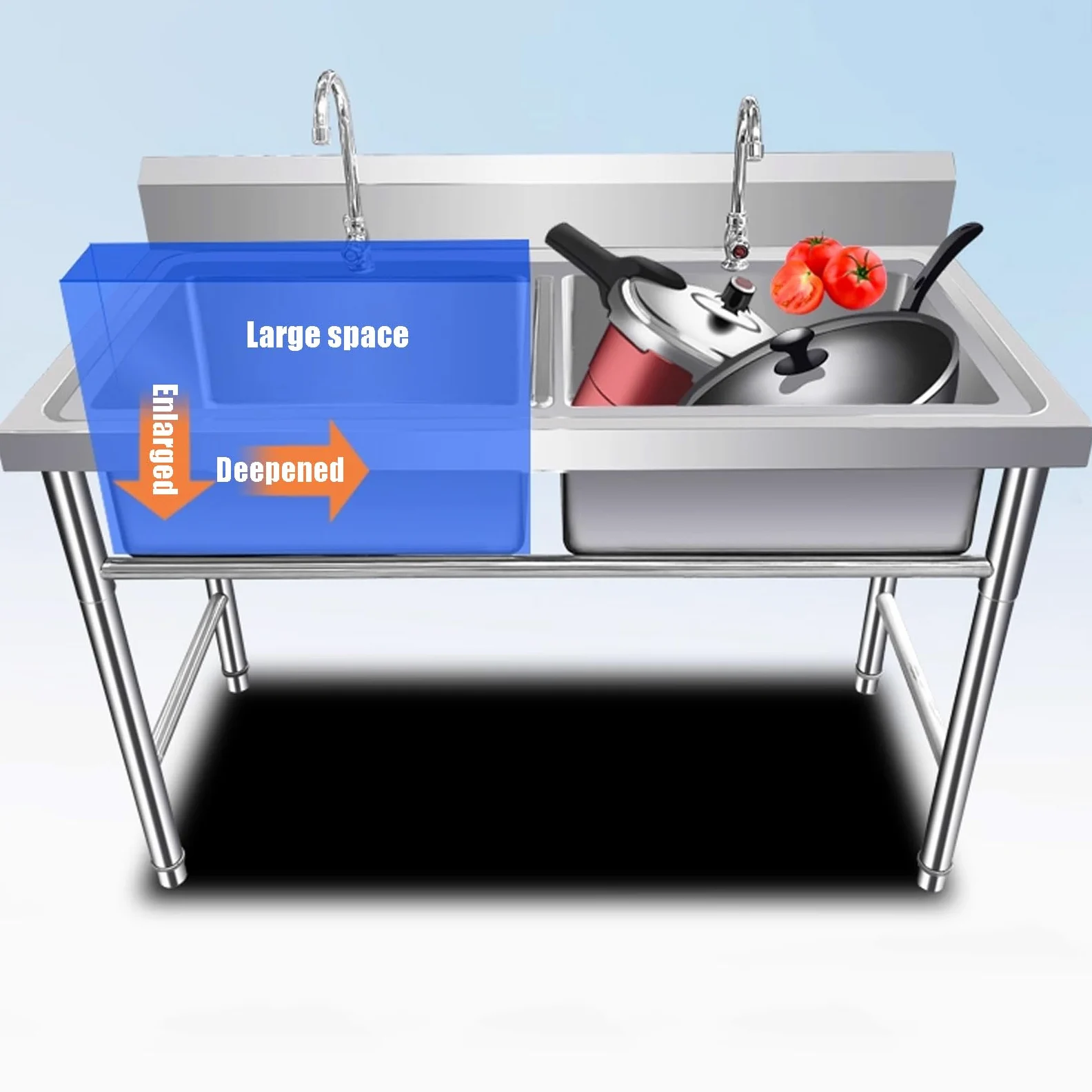 Lavandino Utilitario Grande a Doppio Vaso, Lavandino Commerciale in Acciaio Inox 304 per Lavaggio a Mano con Rubinetto per Acqua Fredda per Esterni, Garage, Lavanderia, Giardino 100cmx50cmx80cm