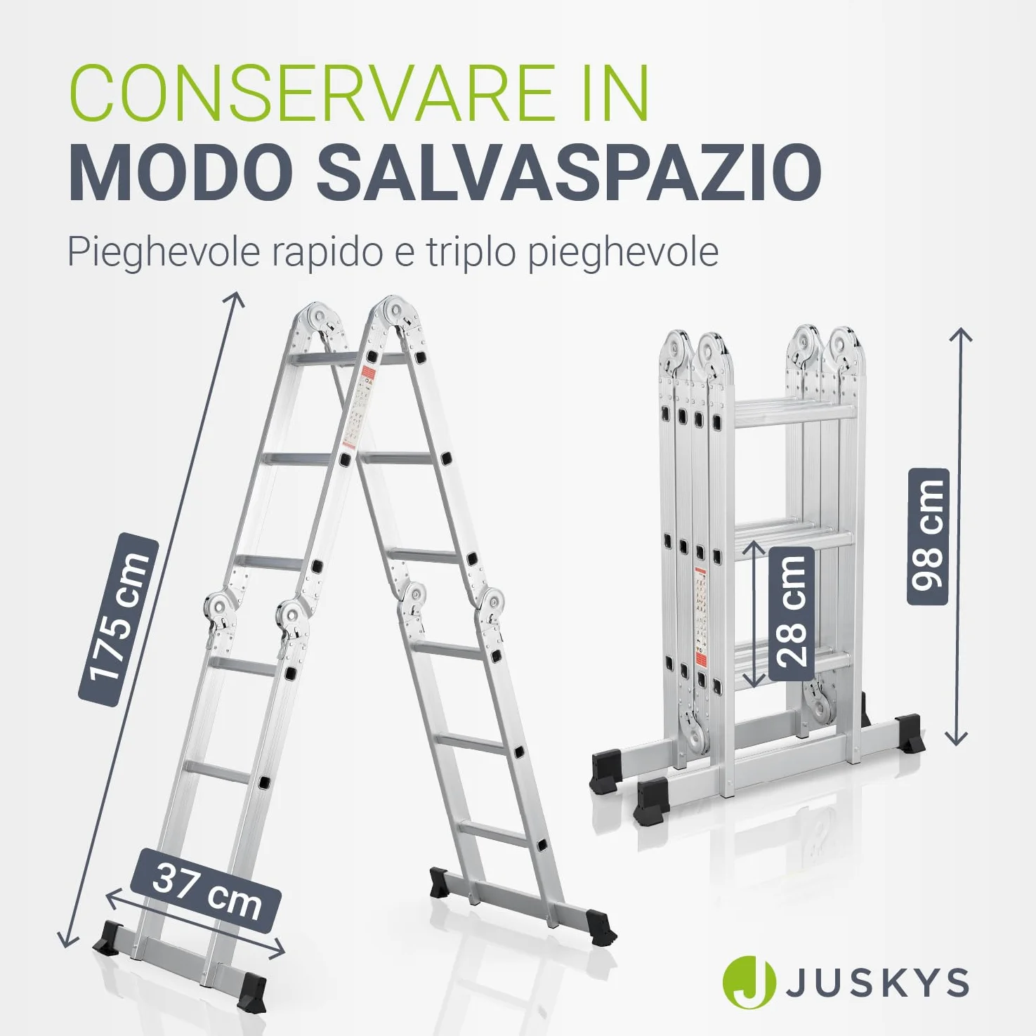 Scala multifunzionale pieghevole in alluminio Juskys 3x4 gradini, 3,6 m, portata fino a 150 kg – snodabile in 4 pezzi