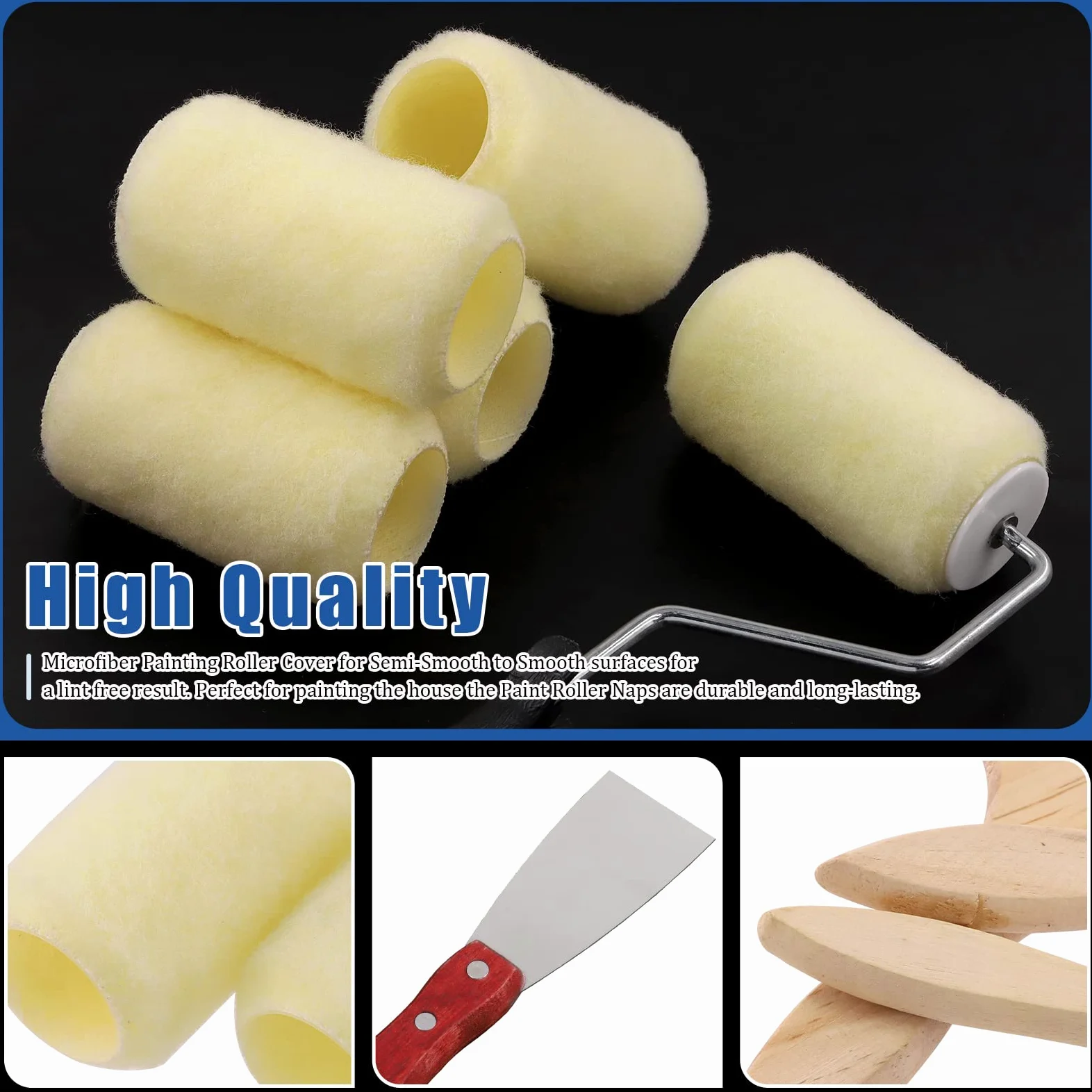 Glarks Kit di copertura per rullo da 13 pezzi, con 6 coperture per rullo da 10 cm, con 1 telaio a rullo, 5 pennelli da 1/1,5/2/2,5/3 di pollice e 1 coltello da stucco da 2 pollici per pittura della