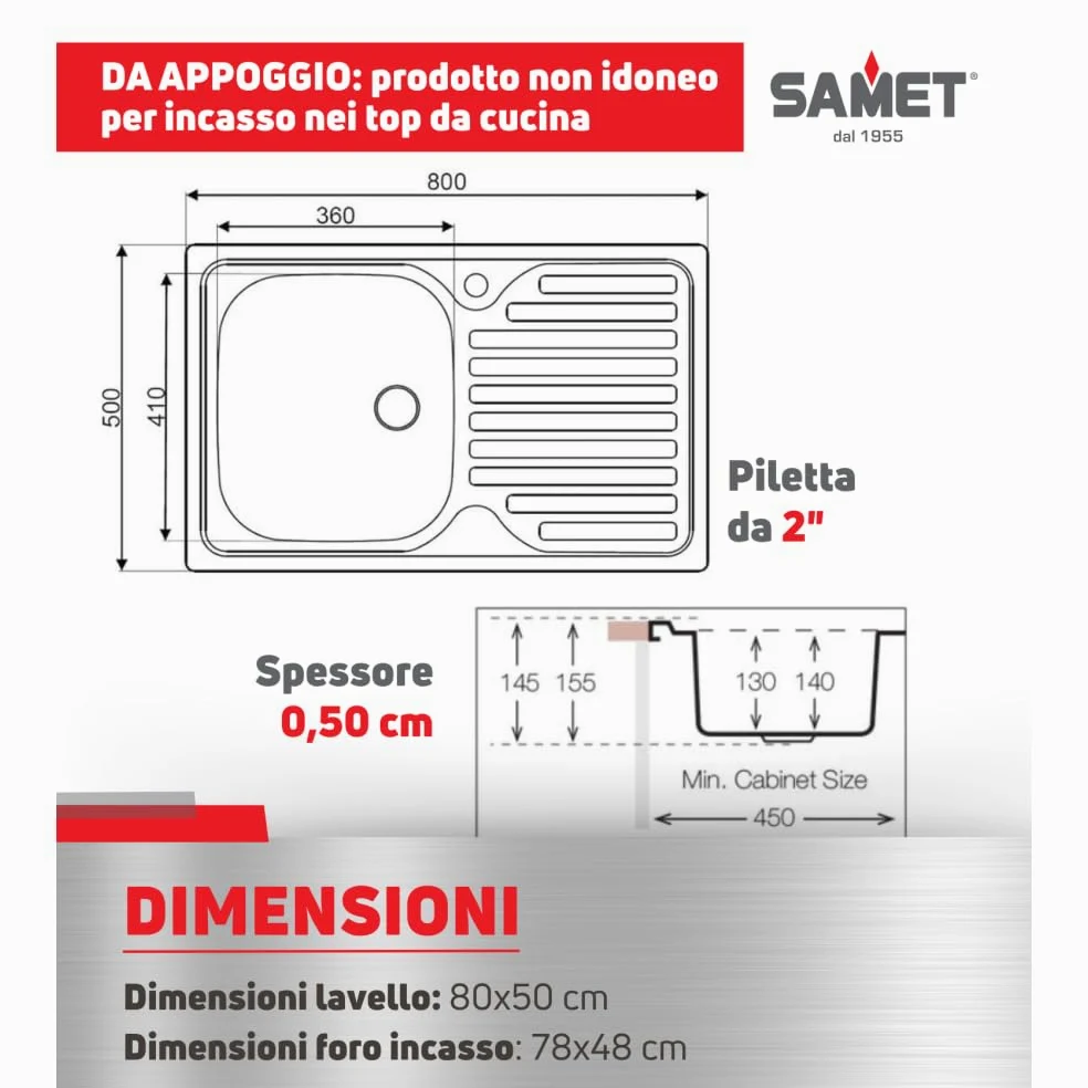 Lavello appoggio acciaio inox 80x50 cm una vasca e gocciolatoio destro SA216