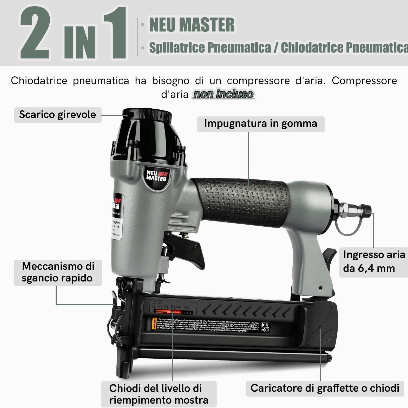NEU MASTER Chiodatrice Pneumatica - 2 in 1 Sparachiodi Aria Pneumatica con 800 Chiodi e 200 Graffette,Graffettatrice Pneumatica con Occhiali di Protezione e Custodia in Plastica Portatile