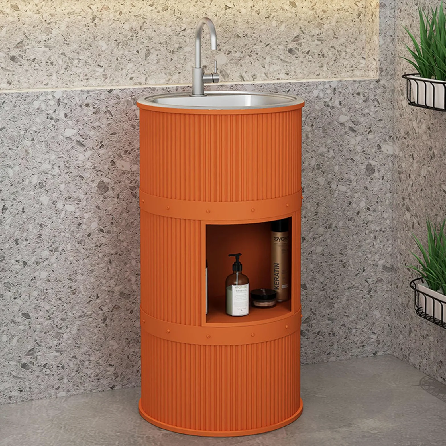 Lavandino a Colonna Moderno in Ferro Battuto, Mobile da Bagno con Lavabo in Acciaio Inox, Lavandino su Piedistallo Freestanding Set con Rubinetto e Scarico (con contenitore,Arancione)