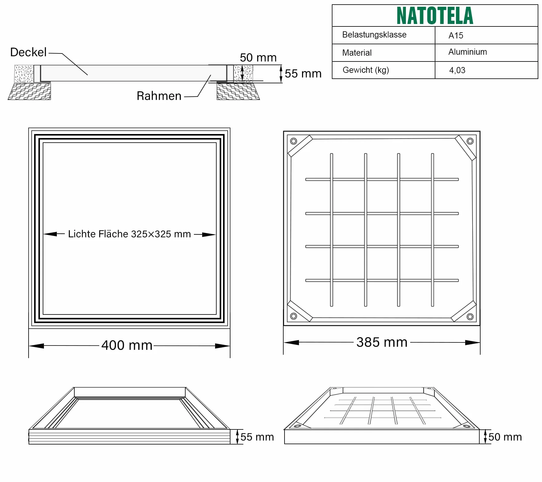 Copertura per pozzetti in alluminio, 400 x 400 x 55 mm, in alluminio, con cornice EN124 A15, coperchio quadrato per canali, coperchio invisibile per scene interne ed esterne