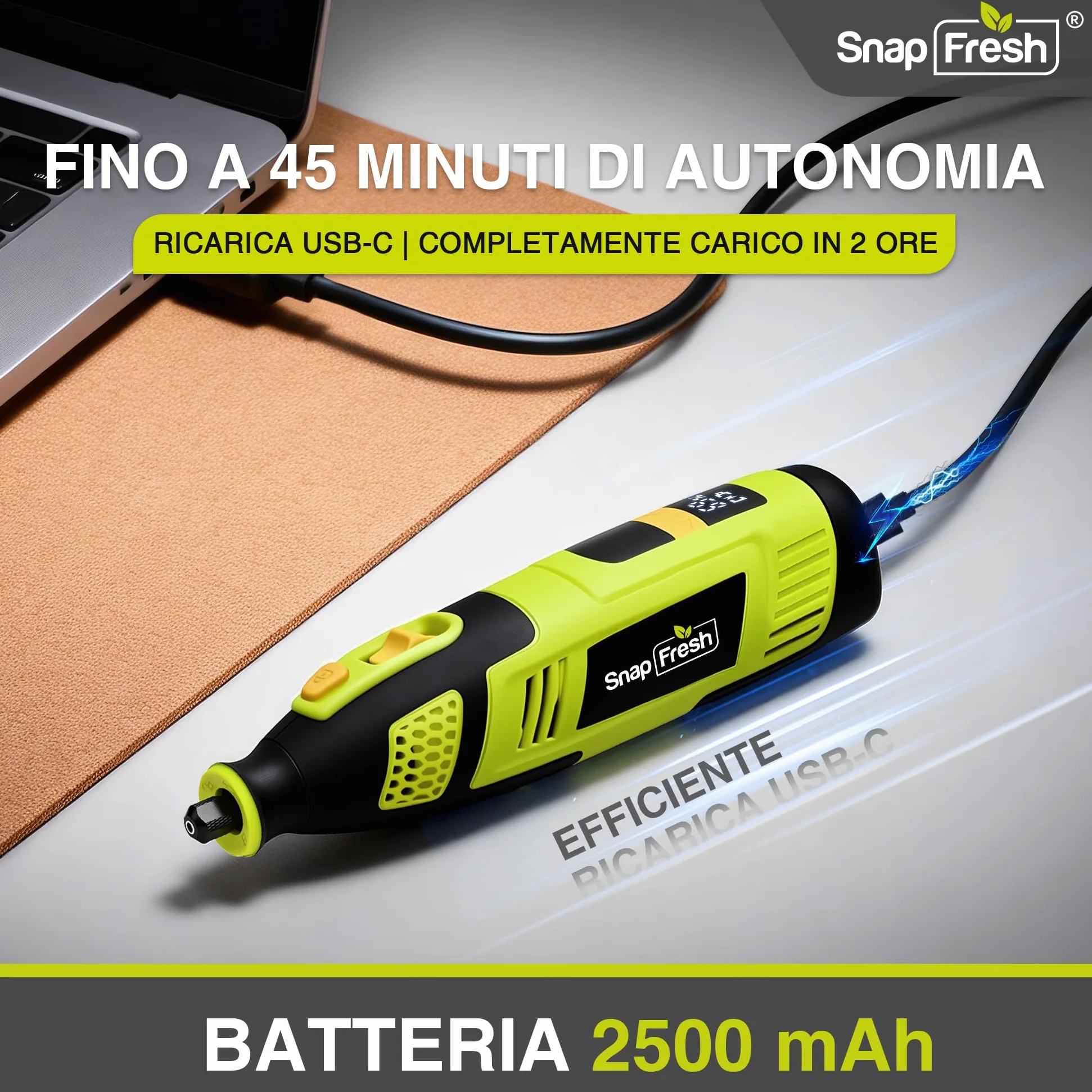 SnapFresh Utensile Rotante Multifunzione 12V Mini Trapano Elettrico, 111 Accessori, Velocità Variabile 5000–32000 giri/min, Display Digitale con Memoria, per Incisione, Levigatura, Lucidatura e Taglio
