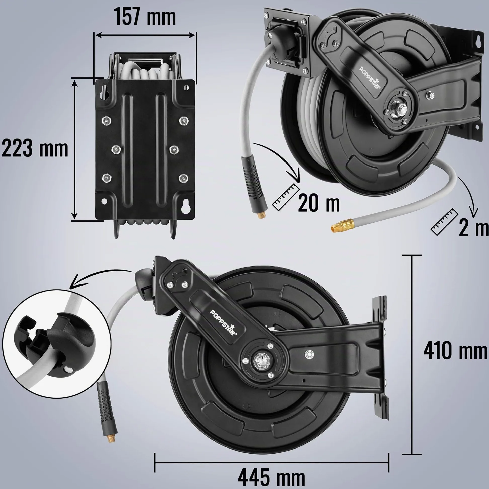 Poppstar Avvolgitubo per aria compressa in acciaio (20m+2m, diametro (9,2x15mm)), attacchi 1/4 di pollice BSPT