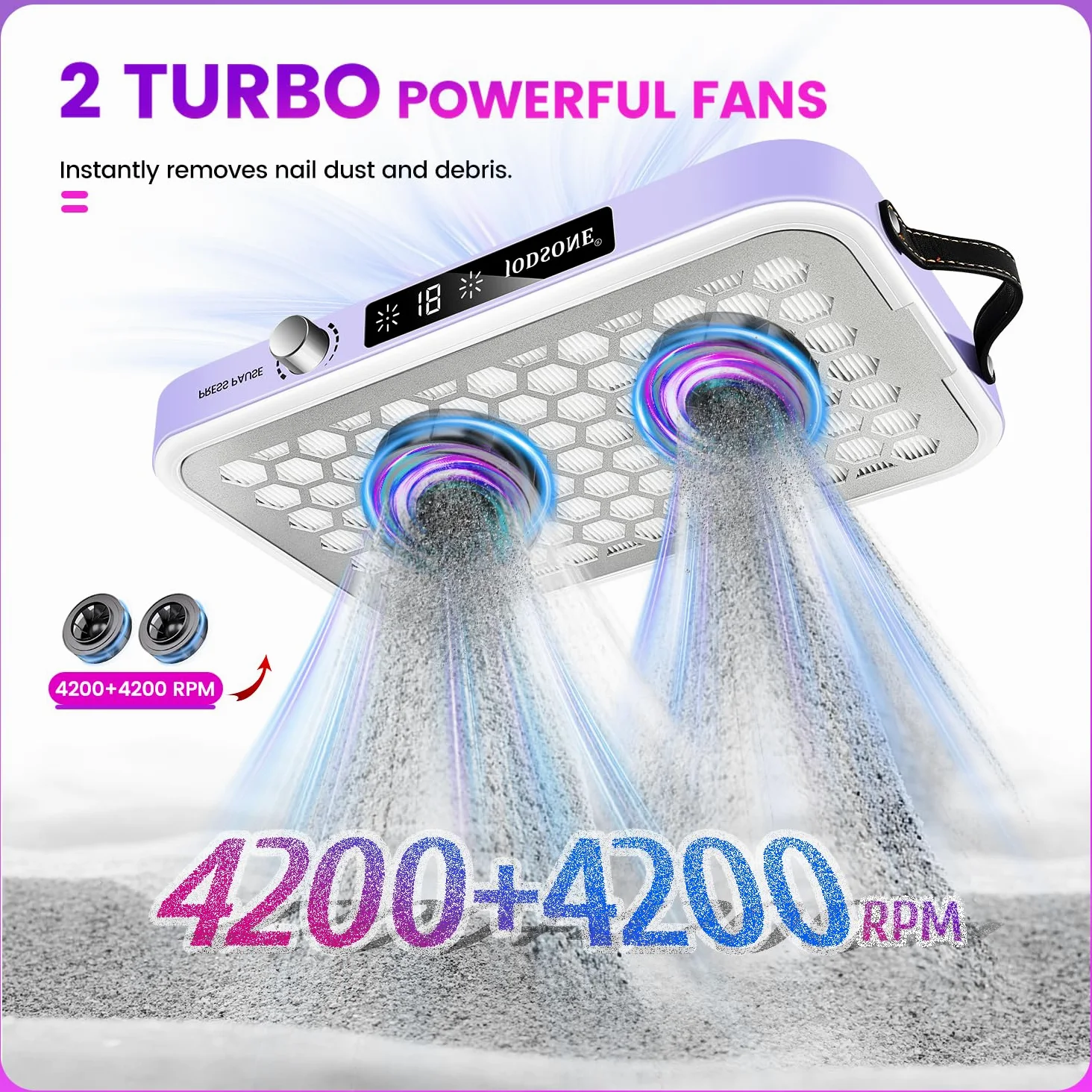 JODSONE, Collettore Professionale di Polvere per Unghie con Doppie Ventole Turbo e Display LED, Portatile, Elevata Efficienza di Rimozione della Polvere, Controllo Intelligente per Uso in Nail Art e