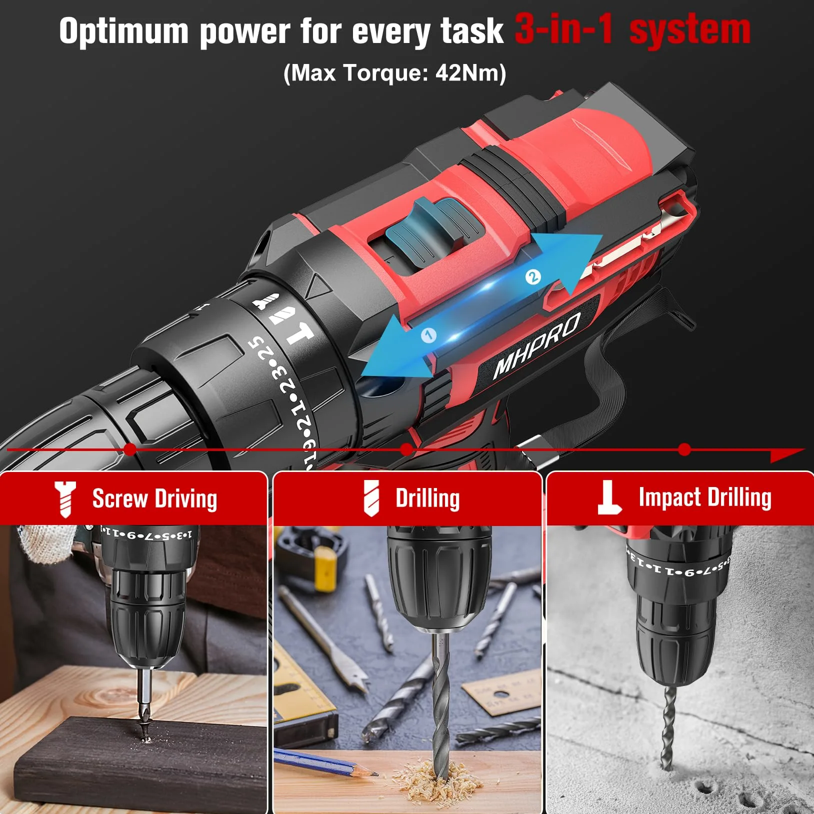 MHPRO Trapano Avvitatore Batteria 21V, Avvitatore a Batteria con Batterie 2.0Ah, 42Nm Avvitatore Elettrico, 25+3 Coppie, 2 Velocità, 23CS Accessori, LED Luce per Casa Progetto