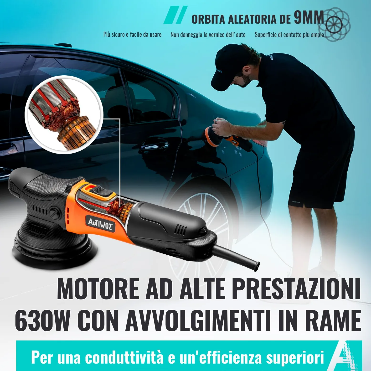 AUTIWOZ 630W Lucidatrice Auto Orbitale 9mm,125mm Kit di Lucidatura,Levigatura Eccentrica Piccole Dimensioni,6 Velocità Variabili (2000-6200 giri/min),Cura dell'auto,Rimozione dei graffi - W01