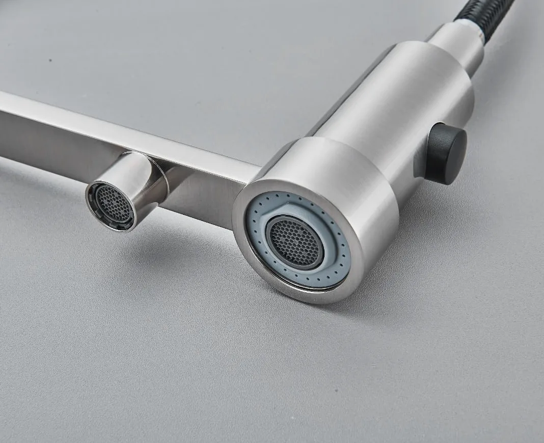 Rubinetto da cucina a 3 vie SOLID SPRING con doccetta estraibile, cavo separato per filtro dell'acqua, beccuccio girevole a 360°, rubinetto a molla in ottone, montaggio monoforo (acciaio inossidabile)