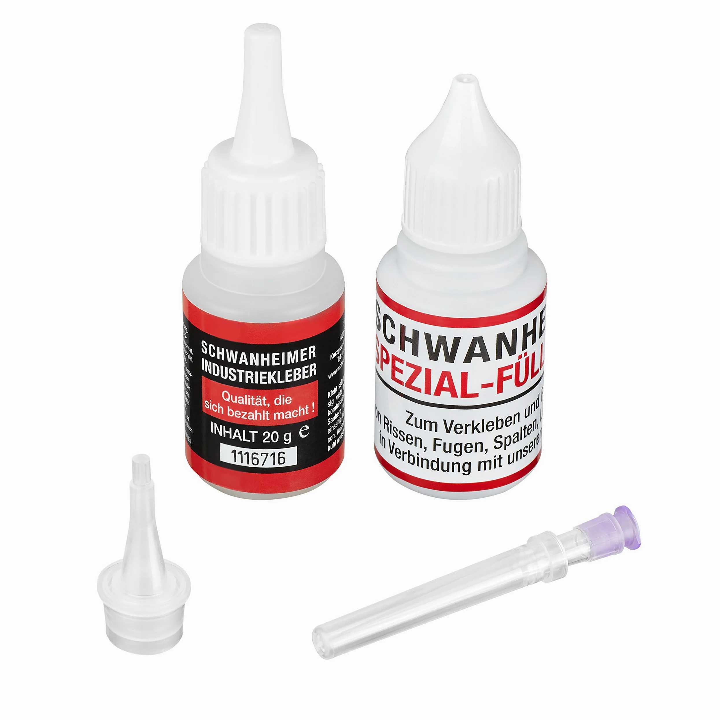 Set di colla industriale Schwanheimer: colla industriale 1 x 20 g, filler 1 x 30 g, 1 x dosaggio fine suggerimento, 1 x punta del gocciolamento