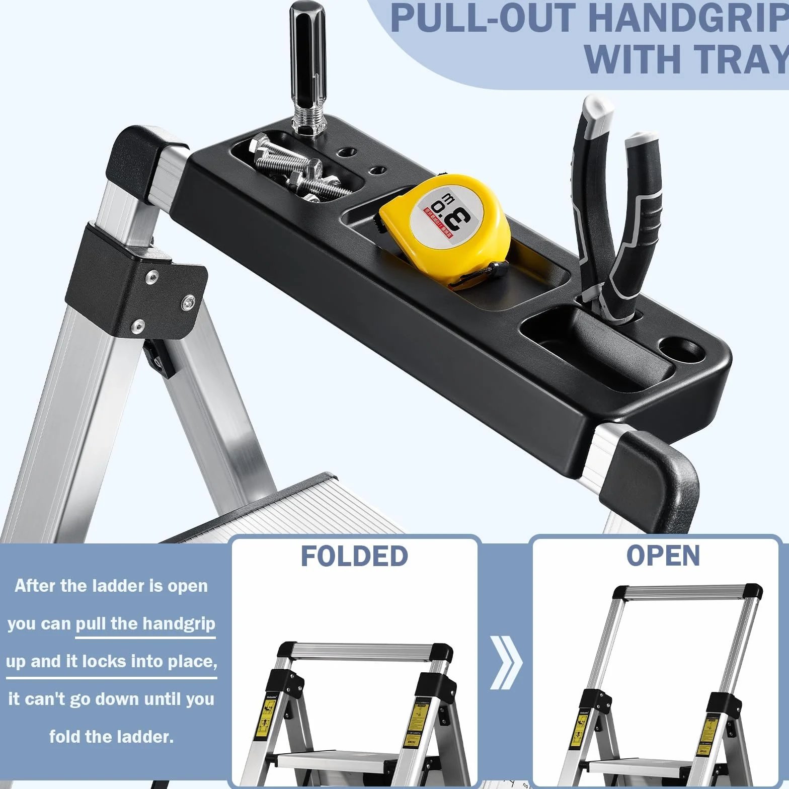XinSunho Scala Alluminio 5 Gradini, Scaletta Pieghevole con Vaschetta Portaoggetti e Corrimano Estraibile, Scaletta 5 Gradini Antiscivolo, Per Uso Domestico e Lavorativo, Portata 150 kg