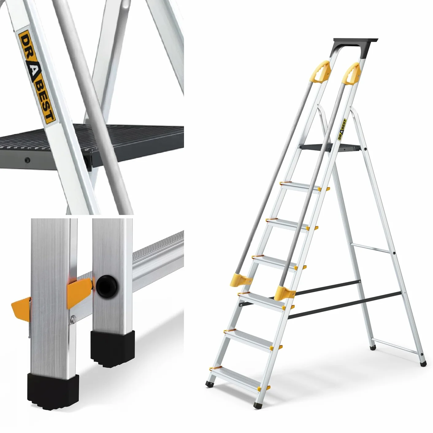 DRABEST SCALETTE SERIE PRO Scala Domestica in Alluminio a 7 Gradini con Corrimano 150kg - Scaletta Multiuso Scaletta Pieghevole - 50x217x12cm