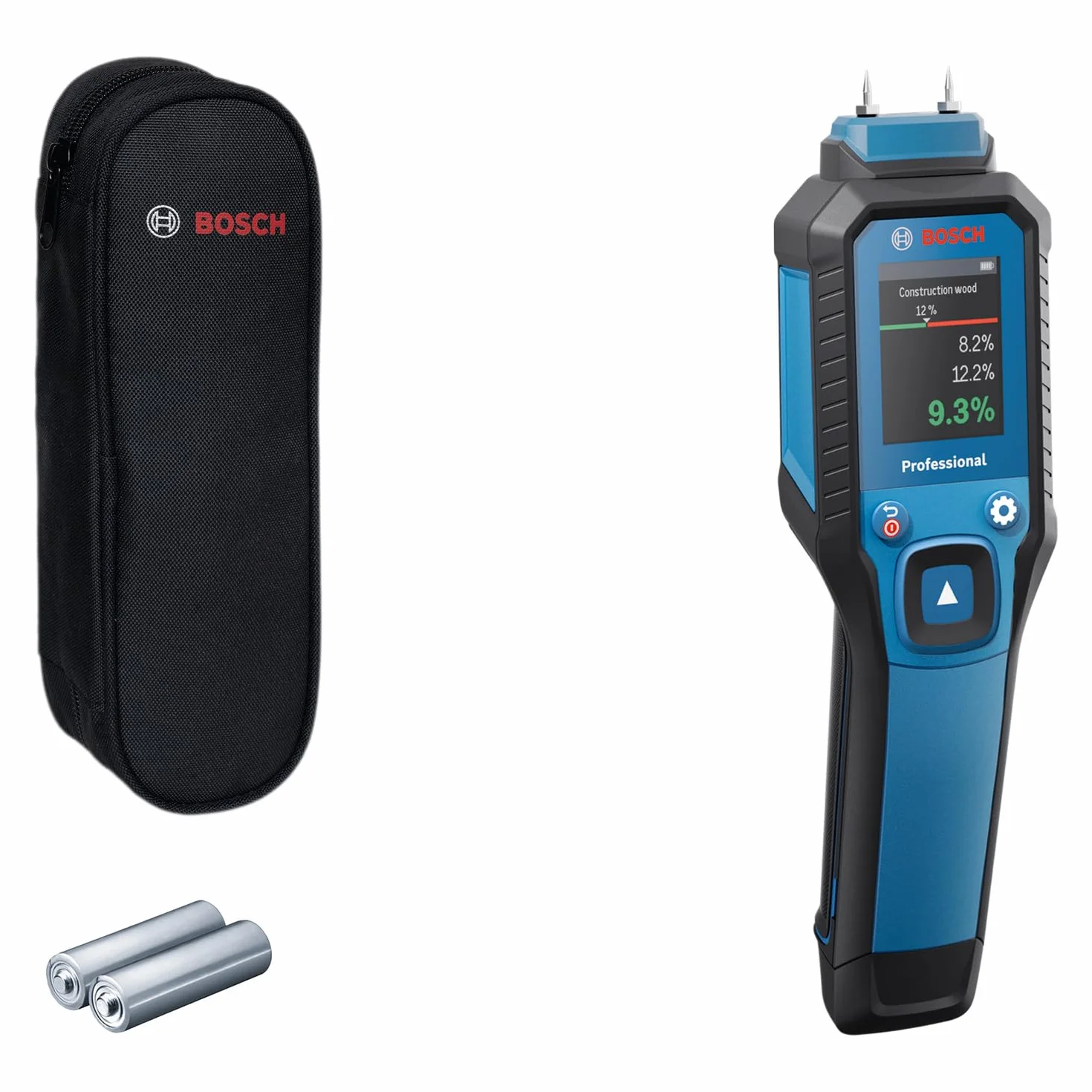Bosch Professional Igrometro GMP 1-13 (con pin di misurazione, misura 37 tipi di legno e 10 materiali da costruzione, protezione IP65, LCD ad alto contrasto, 2 batterie AA, custodia)
