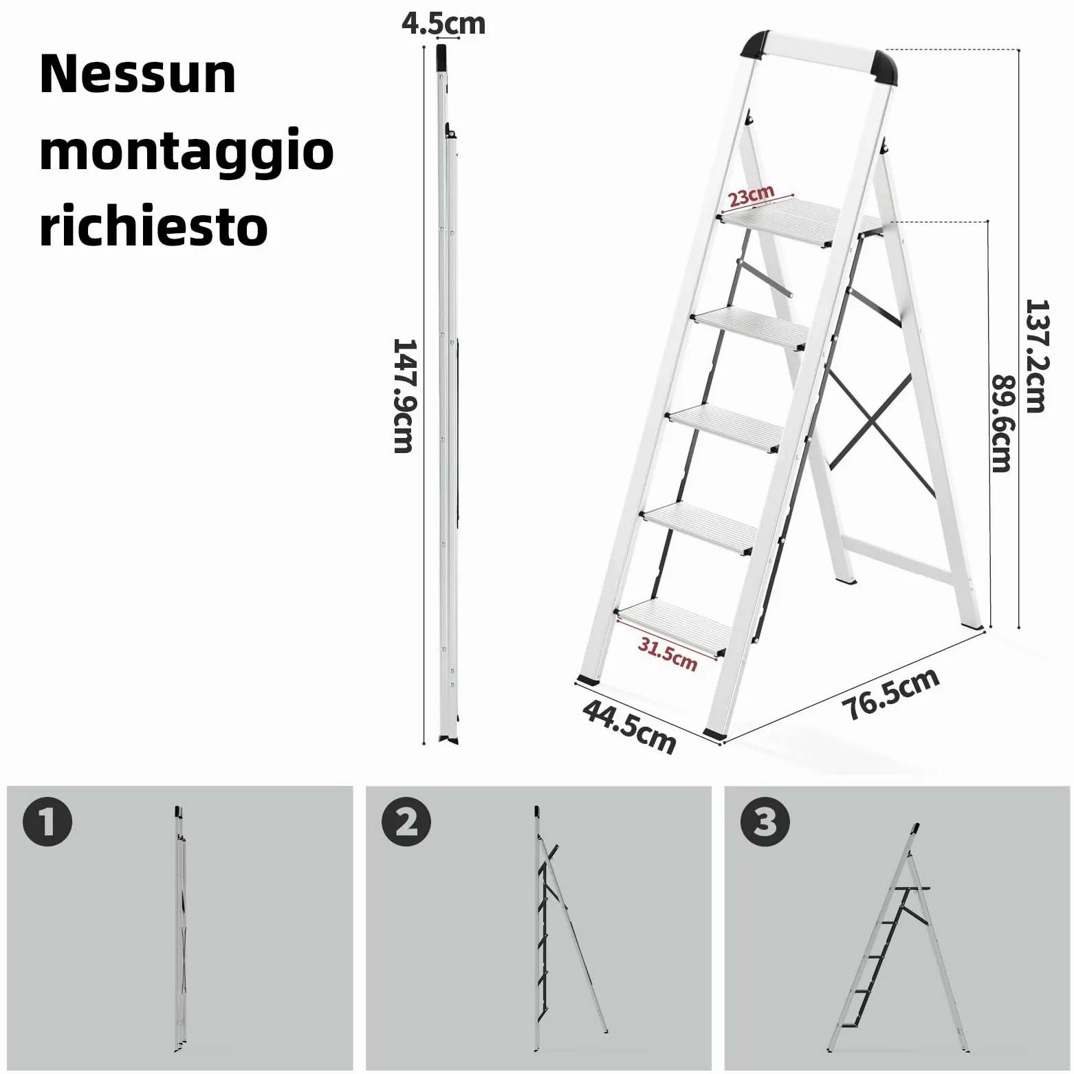 KINGRACK Scaletta 5 Gradini Pieghevole in Alluminio Leggera con Corrimano, Blocco di Sicurezza, Pedali Antiscivolo, Scala per Cucina Garage Casa, Salvaspazio Robusta e Portatile Massima 150kg, Argento