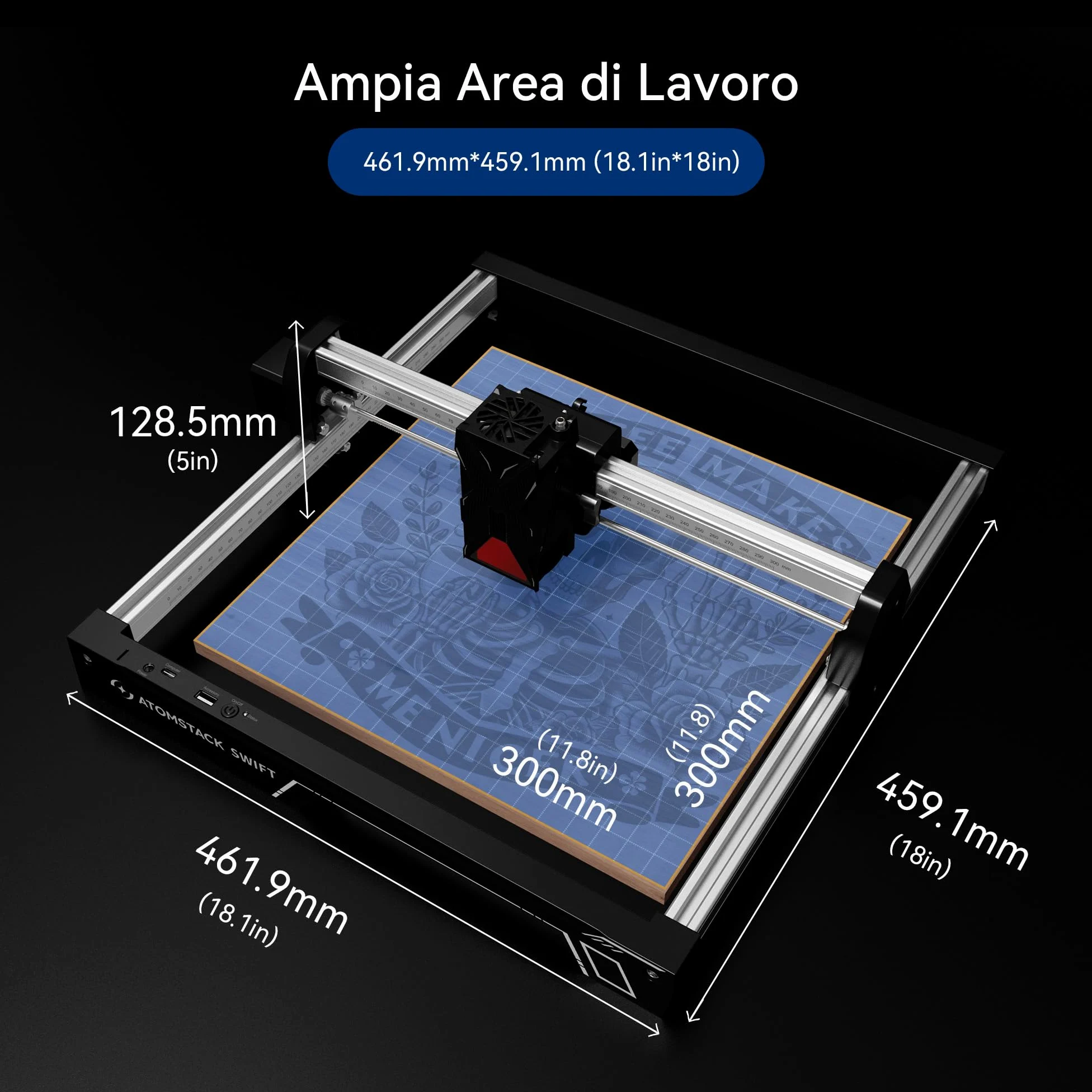 ATOMSTACK Macchina per incisione laser, taglierina laser, taglierina laser ad alta precisione 0,01 mm superficie di incisione 300 × 300 mm (Swift-7W Nero)