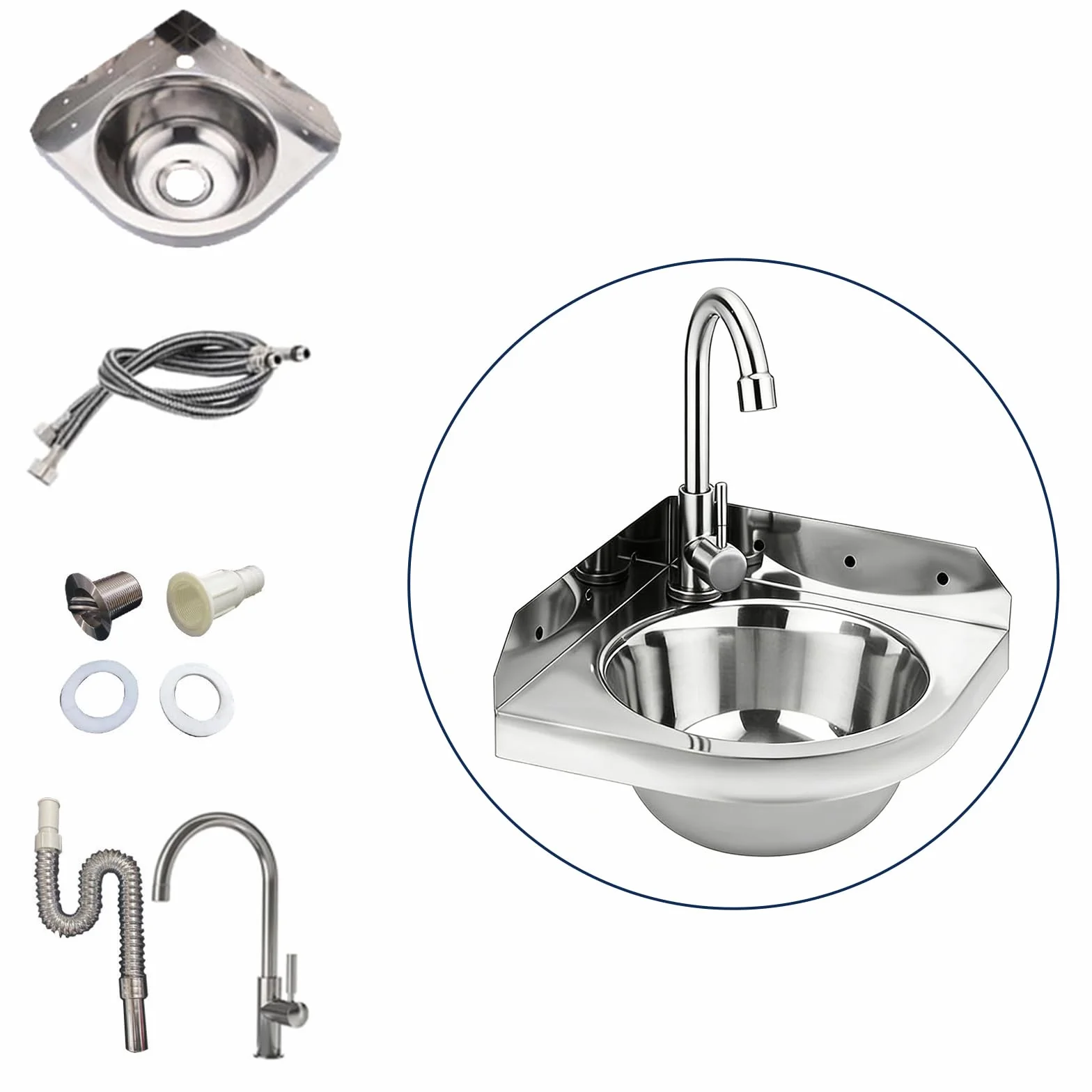 Lavabo ad Angolo in Acciaio Inox, Lavabo da Parete Triangolare, Lavello in Acciaio Inox con Rubinetto Acqua Calda e Fredda, Salvaspazio per Bagno, Camper, Barca, WC, Garage