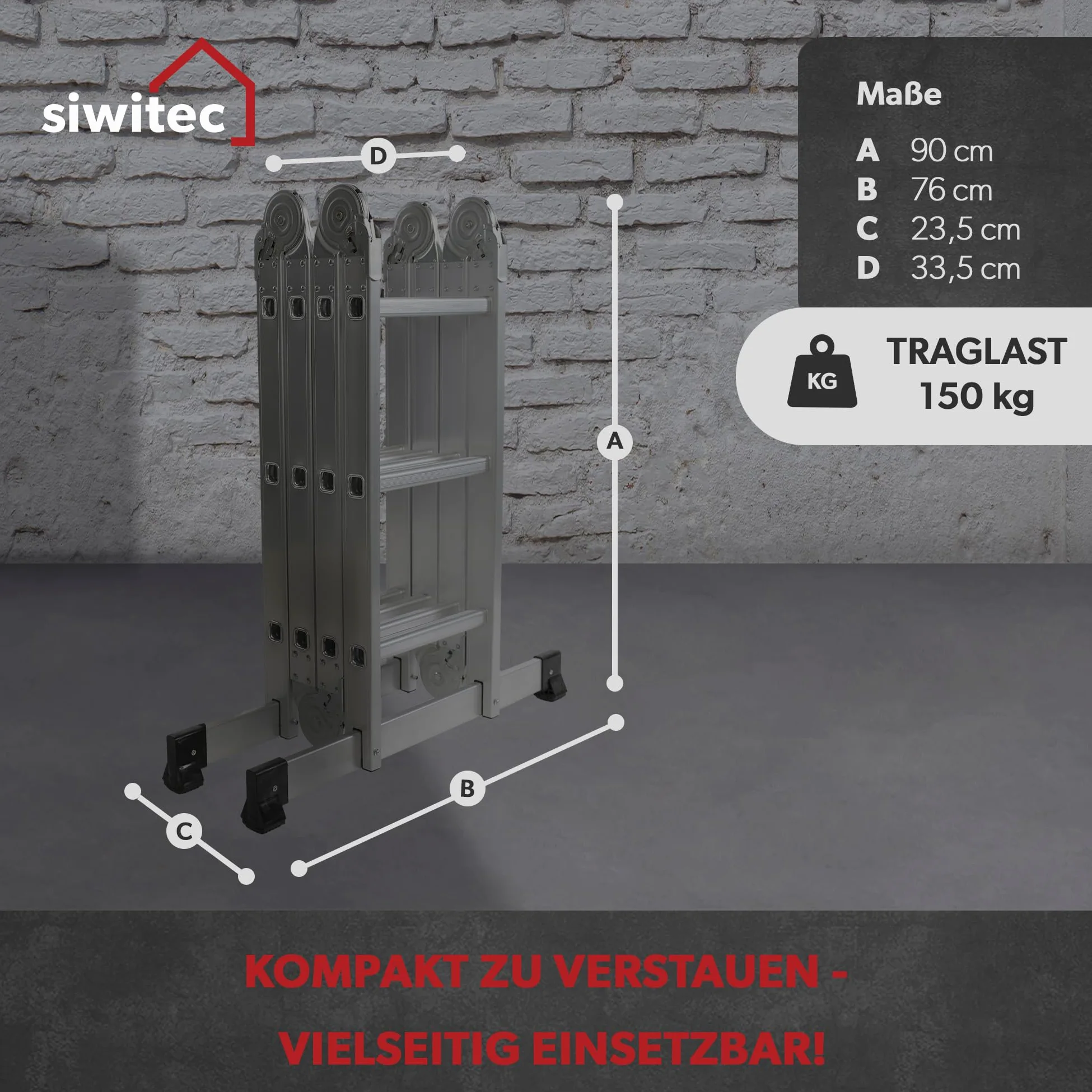 siwitec Scala multiuso 4 x 3 gradini, scala con 2 piastre di ponteggio, scala a pioli fino a 150 kg, scala in alluminio, scala domestica, 12 gradini, certificata TÜV/GS