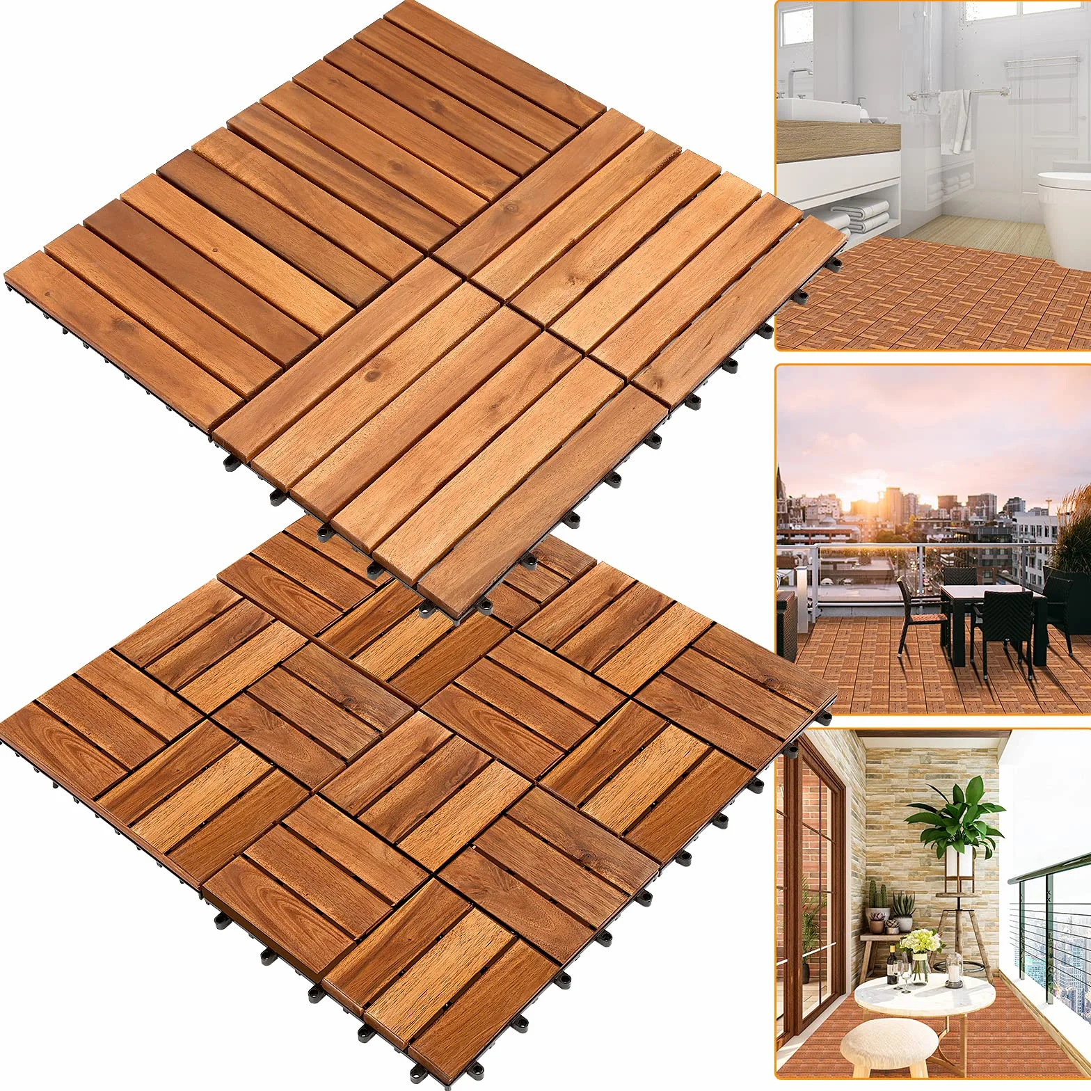 Piastrelle in legno, 55 pezzi, in legno di acacia, 30 x 30 cm, 11 piastrelle per 1 m², per esterni, interni, balcone, con sistema di drenaggio e fissaggio a incastro, marrone