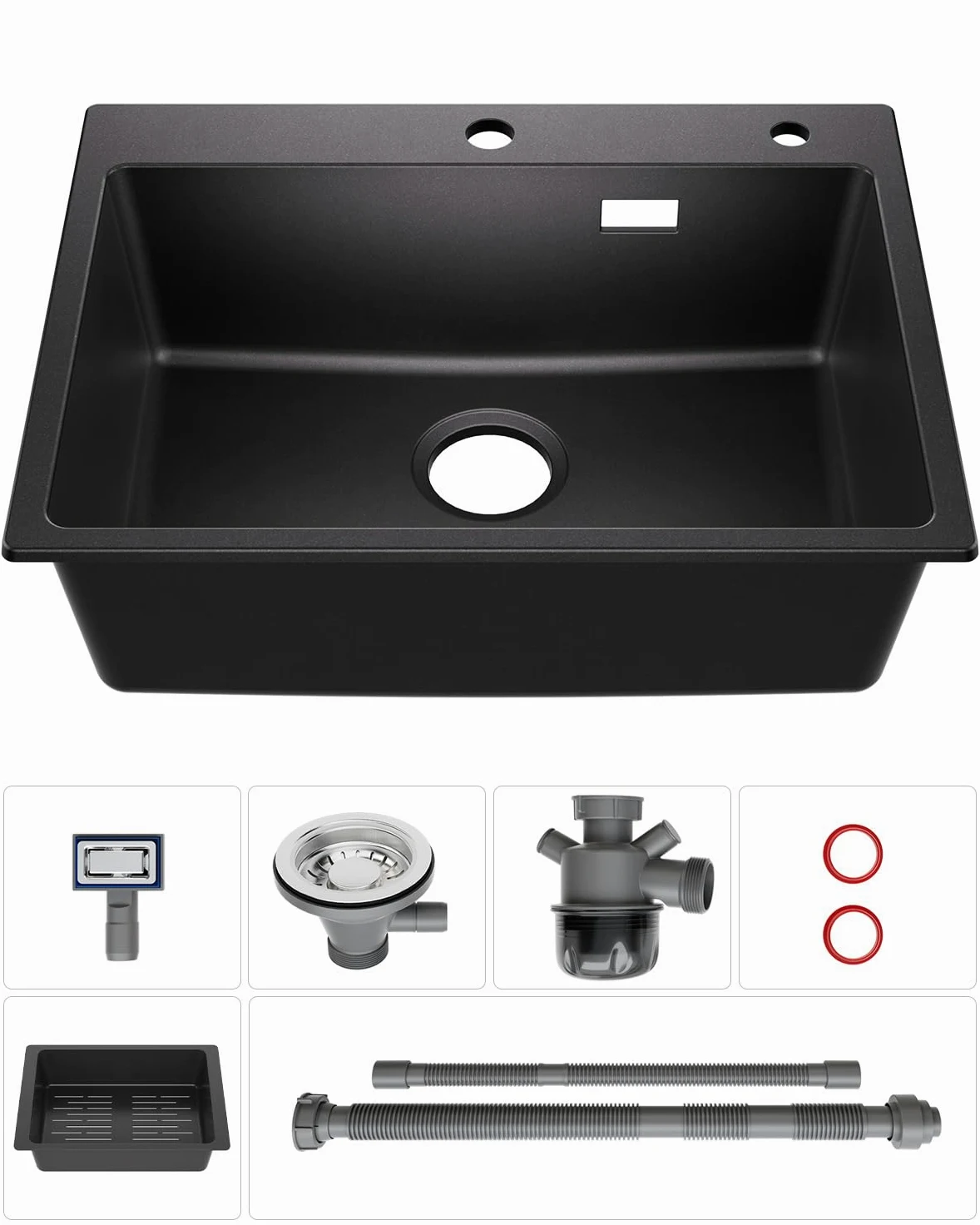 Lavello nero granito 60 x 45 cm, lavello nero, lavandino da cucina, grande lavello da cucina in granito, moderno lavello da incasso, rettangolare, singolo con 2 fori per rubinetto, 1 vasca