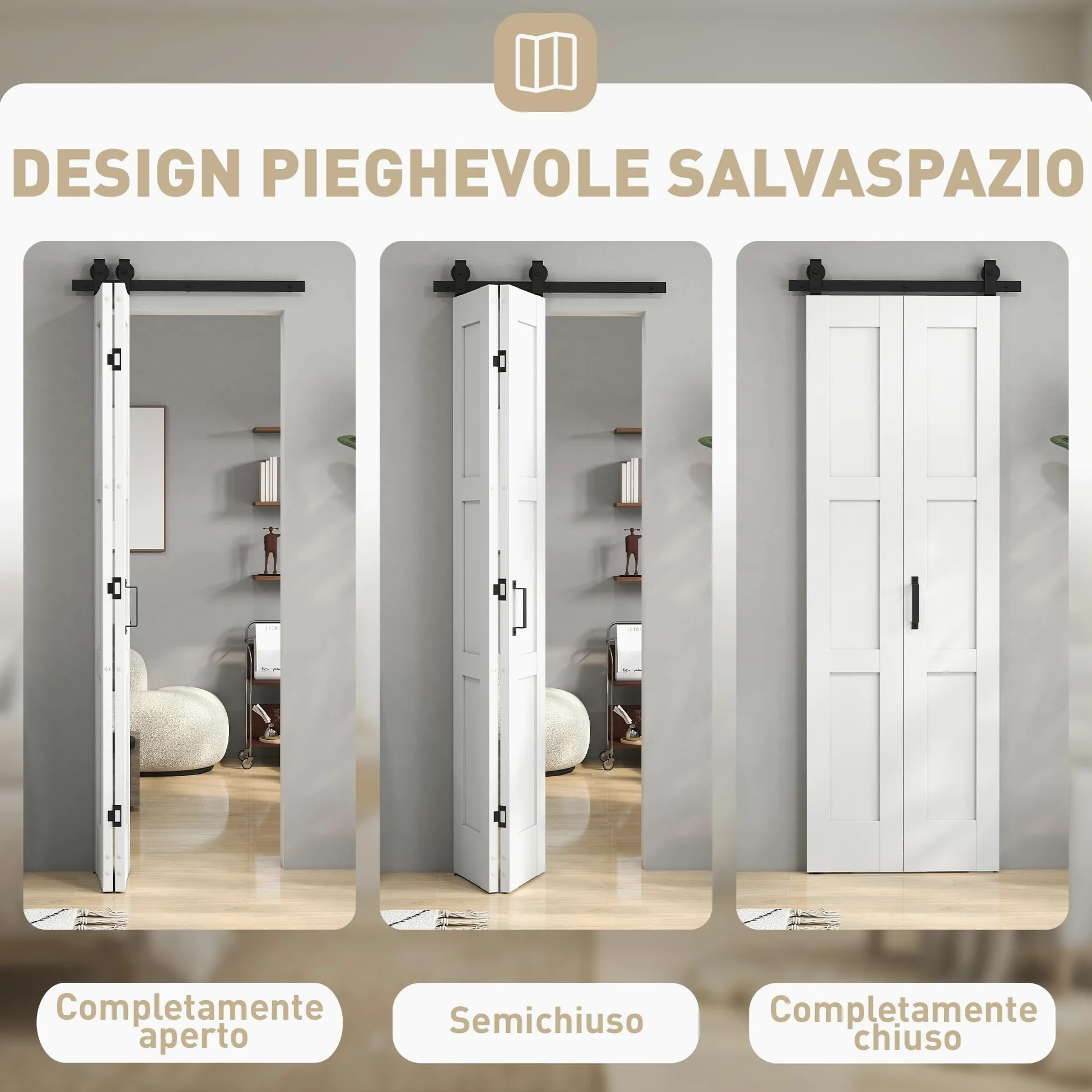 HOMCOM Porta Scorrevole Bi-fold Muro 71.2x213.4cm, Binario Silenzioso Acciaio, Maniglia, Guida, Ruote, Porta da Interno Stile Rustica, in MDF e Legno Pino, Impermeabile, per Cucina, Bagno
