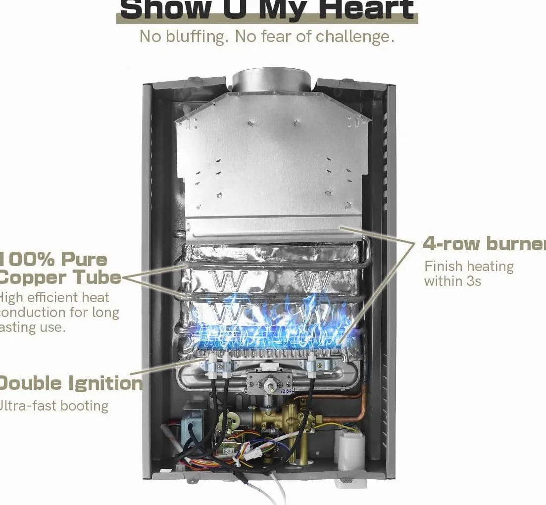 Scaldacqua a Gas, scaldabagno a gas propano GPL 6L con kit doccia, con modalità inverno ed estate, scaldabagno istantaneo senza serbatoio 16kw, per casa ed esterno (B)