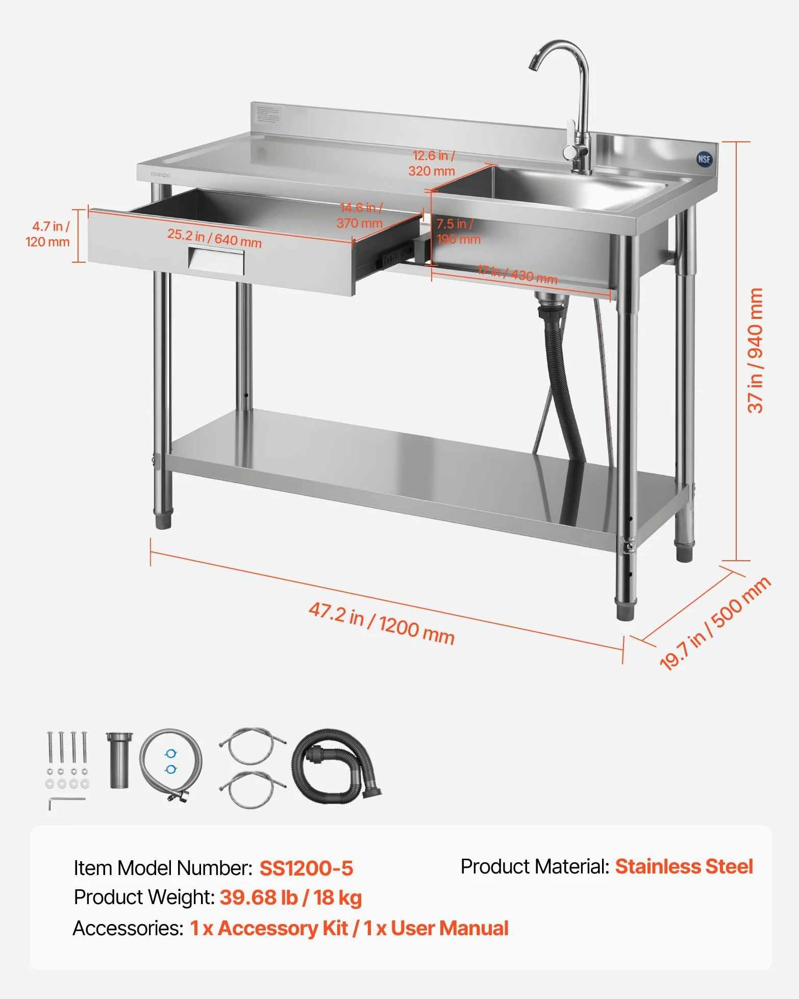 VEVOR Lavandino Mobile da Cucina 1200 x 500 x 940 mm, Vasca Singola con Rubinetto e Cassetto, Lavello da Cucina per Garage, Ristorante, Lavanderia, Lavabo da Esterno con Piano di Lavoro Sinistra