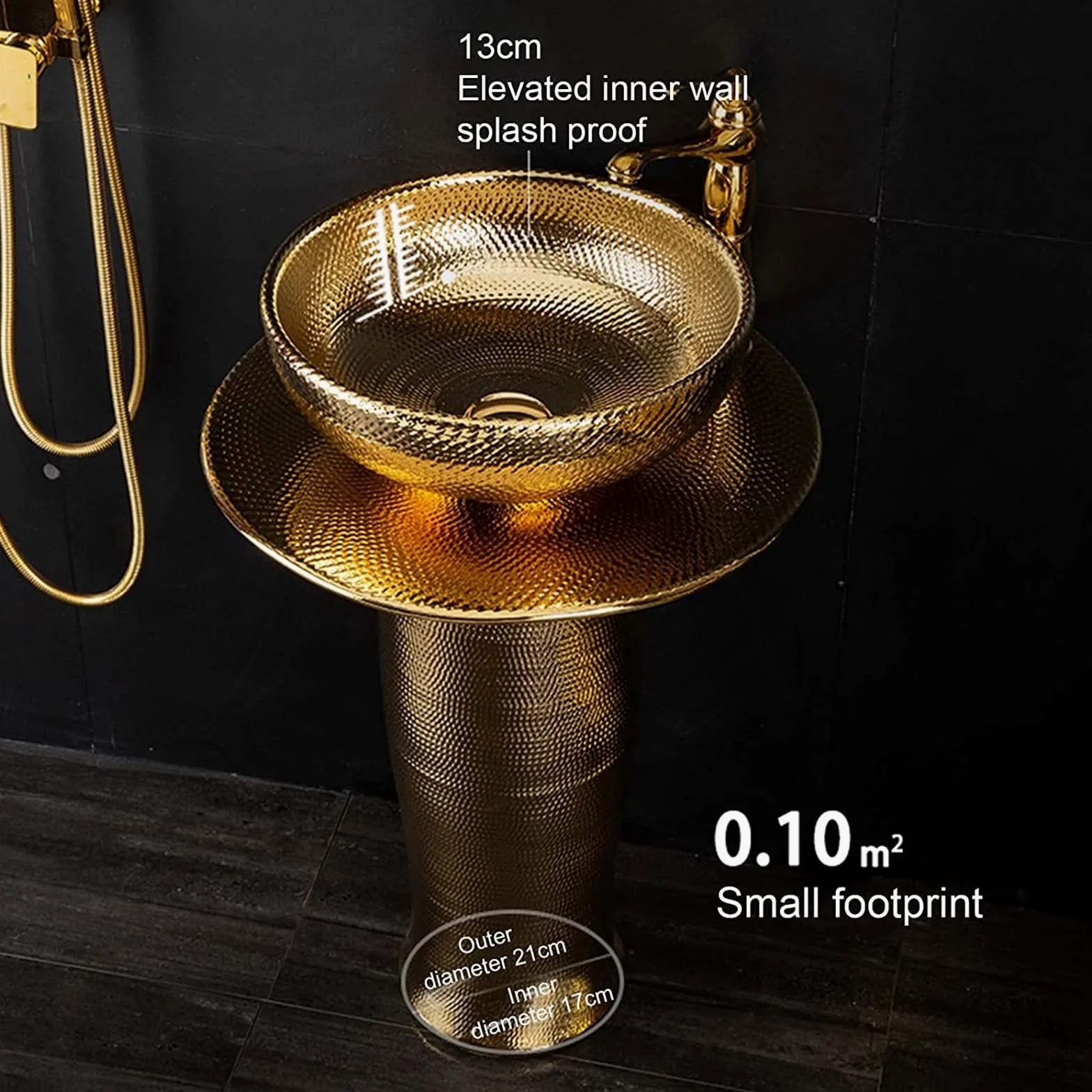 ZTGL Lavandino A Colonna Bagno Ceramiche Oro Vintage, Rotondo da Esterno Lavandino su Piedistallo, Robusto e Durevole Lavandino Lavabo Freestanding Colonna 82 * 40 Cm,Without Mirror