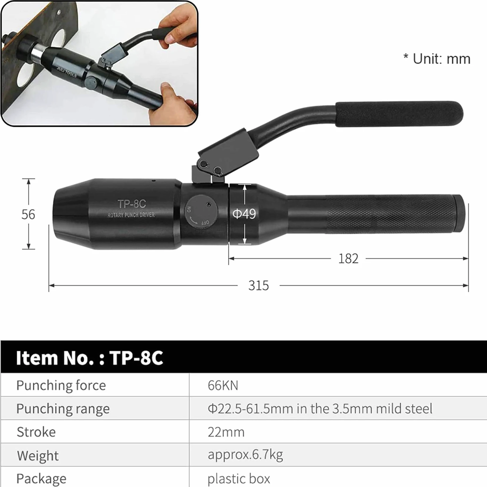 Punzonatrice Idraulica Manuale, Kit Di Strumenti Di Punzonatura Idraulica 66Kn, 6 Set Di Strumenti Di Punzonatura Idraulica, Per La Punzonatura Di Lamiera, Metallo Acciaio Alluminio Plastica,Black