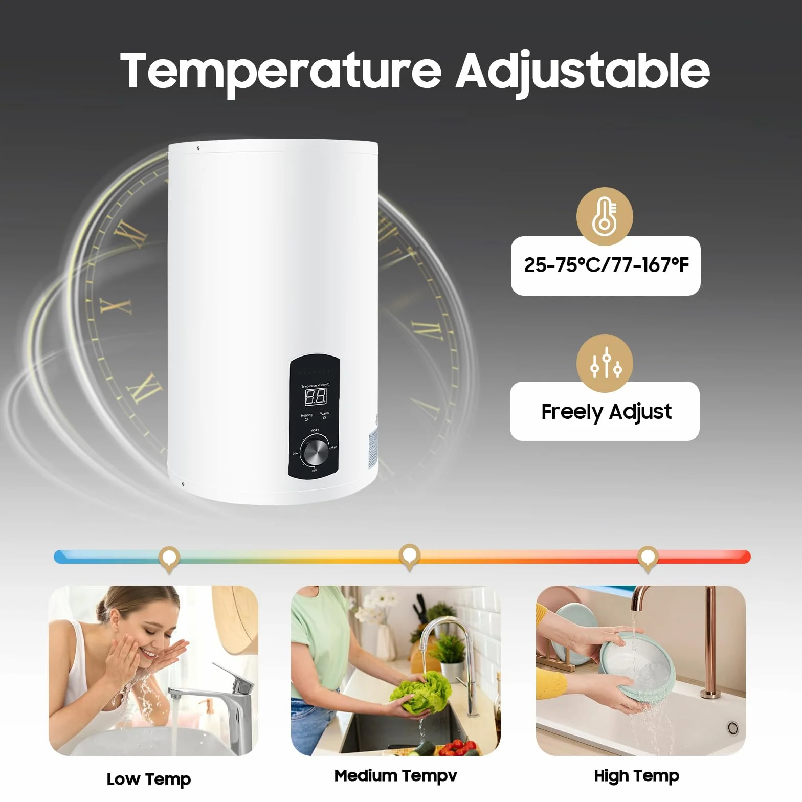 Scaldabagno elettrico ad accumulo | 2000 W elettrico istantaneo | Boiler ad acqua da parete con doccetta e tubi | Intervallo di controllo della temperatura: 25 – 75 °C | Capacità contenitore 30 – 70 L