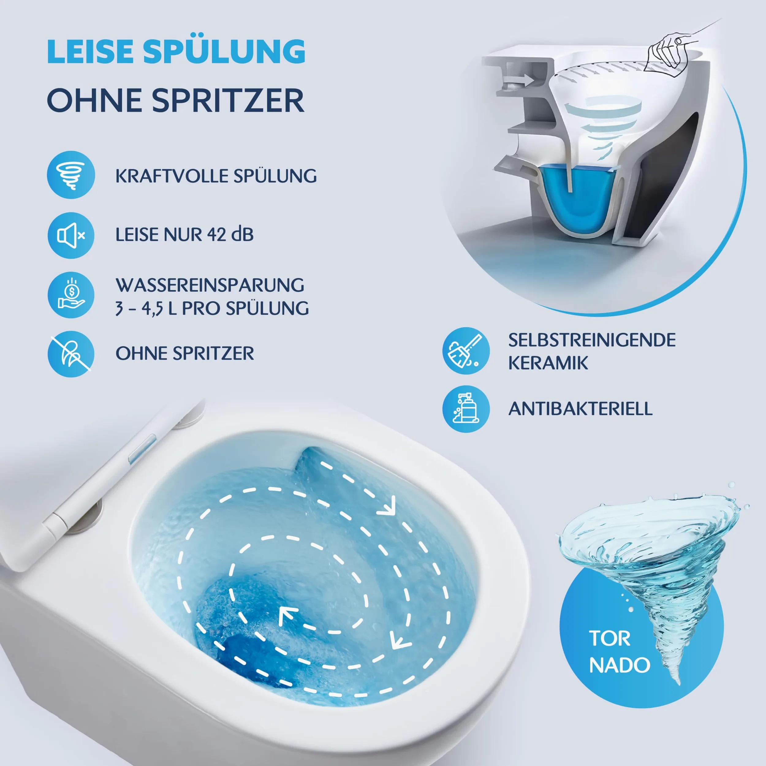 HOGART WC Sospeso con Base Nascosta e Fissaggi Invisibili, Potente Sistema di Scarico Tornado Silenzioso ed Economico 3-4,5 L, Tazza in Ceramica Facile da Pulire, Sedile Soft-Close, Salvaspazio