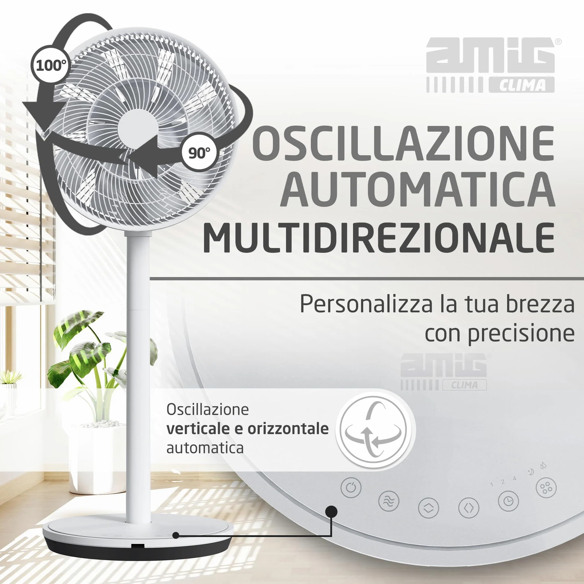 Amig - Ventilatore da Pavimento e da Tavolo GALAIR WIFI-01 - Silenzioso 13dB - 26 Velocità - Oscillazione Verticale e Orizzontale - Basso Consumo 27W - Telecomando e App - Luce LED