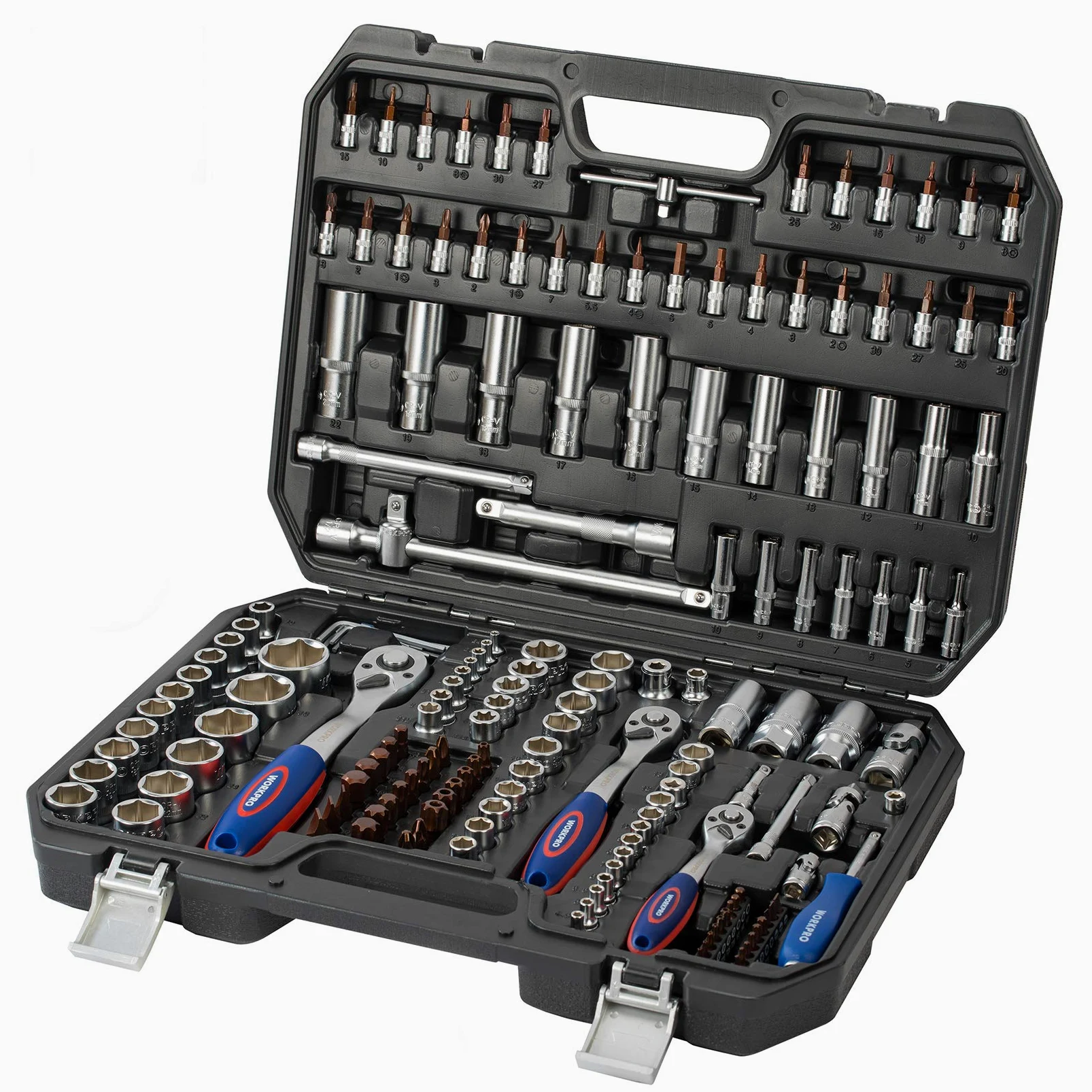 WORKPRO Set di Chiavi a Bussola e Cricchetto 1/4"+ 3/8"+ 1/2" 172 Pezzi, Bussola Metrica Cr-V con Chiavie a Cricchetto a Sgancio Rapido a 72 Denti, Utile per Riparazioni Auto, Profi, Meccanico