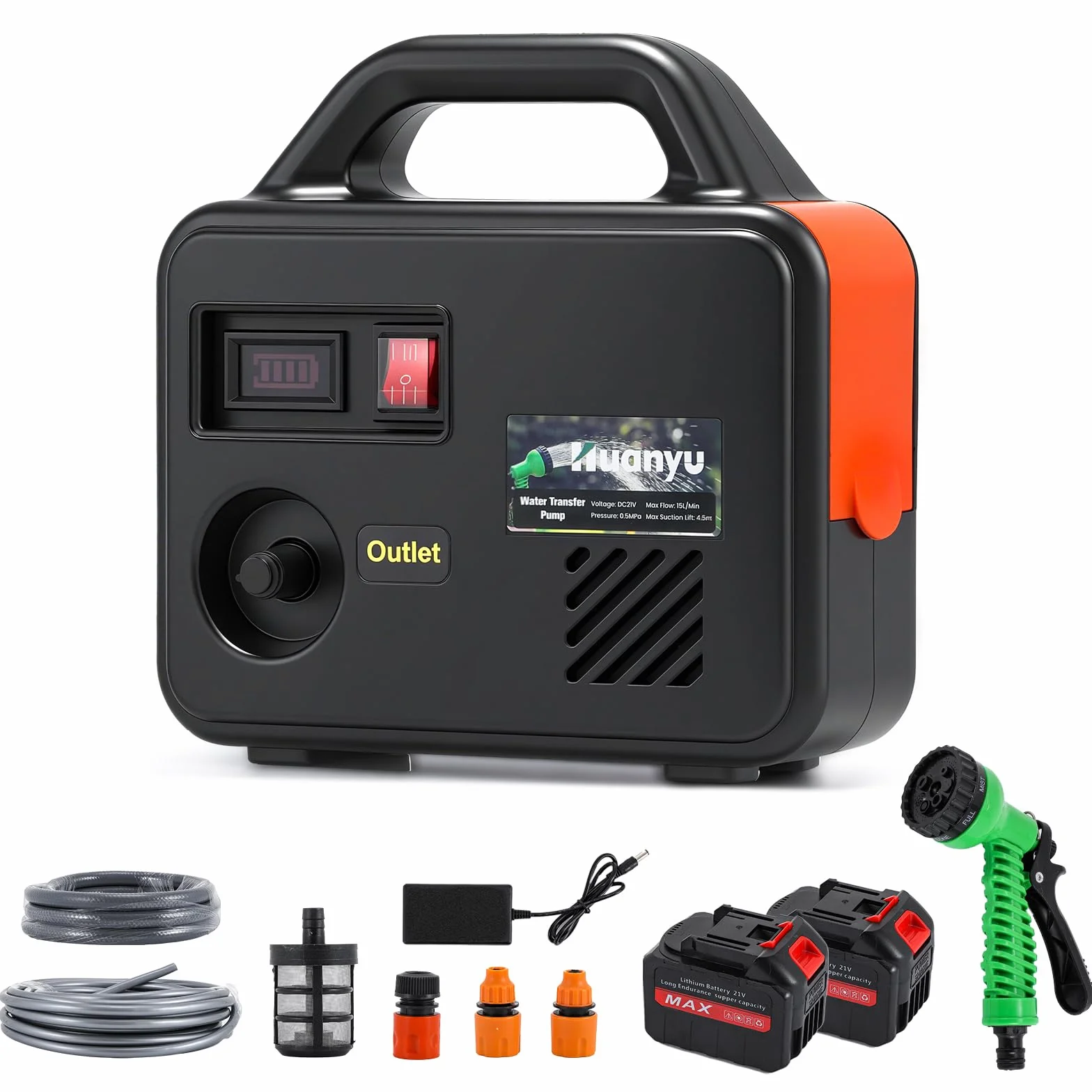 Huanyu Cordless Water Transfer Pump Pompa dell'acqua alimentata a batteria con batterie da 21V 2x22500mAh Pompa elettrica portatile con kit di tubi lunghi per l'acqua