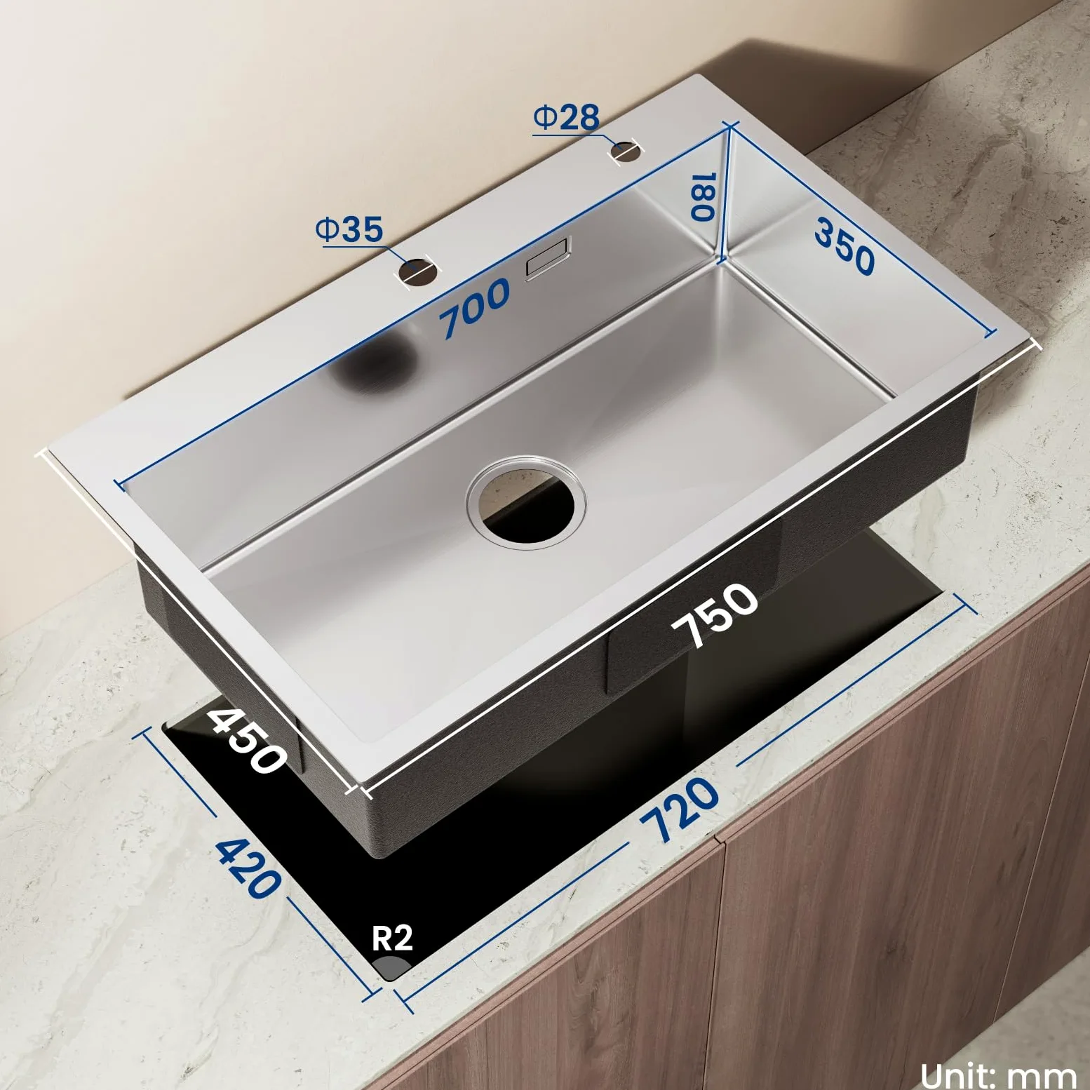 CECIPA Lavello Cucina 1 Vasca 75x45 cm, Lavandino Cucina con Tenda a Rullo Scarico, Lavello in Acciaio Inox 304 per Mobile di lunghezza 80cm con Sifone e Scarico
