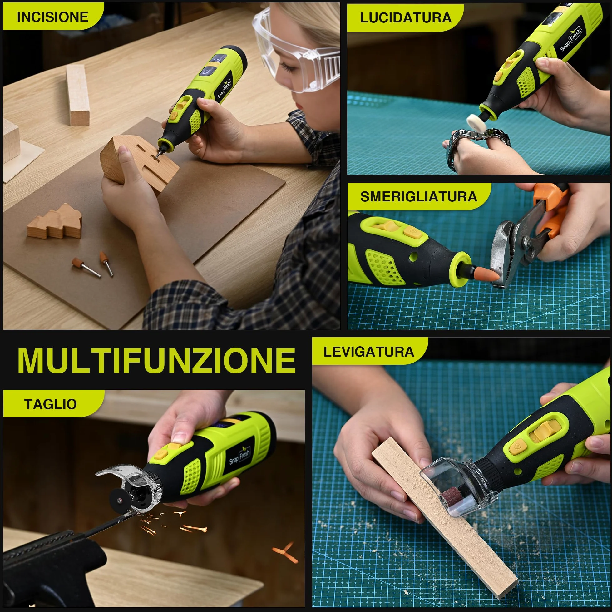 SnapFresh Utensile Rotante Multifunzione 12V Mini Trapano Elettrico, 111 Accessori, Velocità Variabile 5000–32000 giri/min, Display Digitale con Memoria, per Incisione, Levigatura, Lucidatura e Taglio