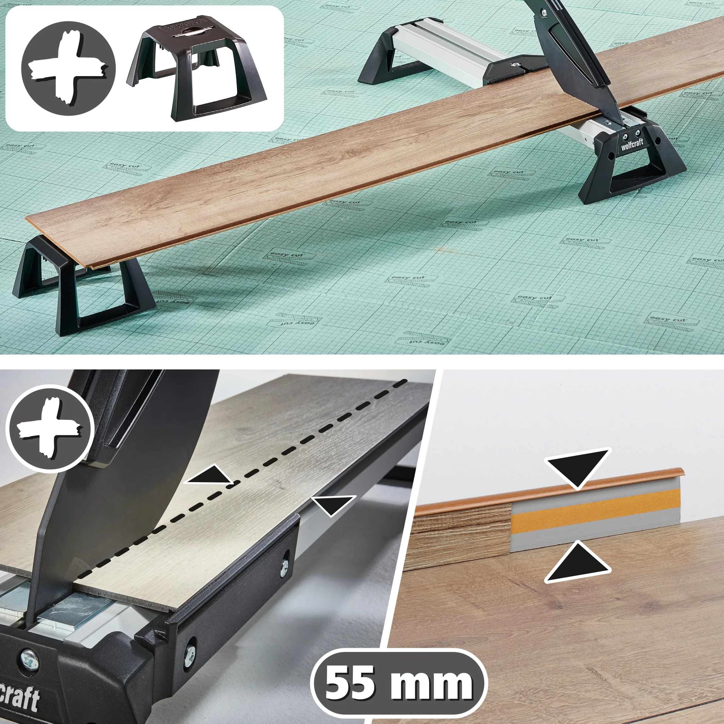 wolfcraft Set per Posa di Pavimenti in Vinile e Laminato, 33 Pezzi con Taglierina Professionale VLC 800 e 30 Cunei Universali per Giunti di Dilatazione – 8638000